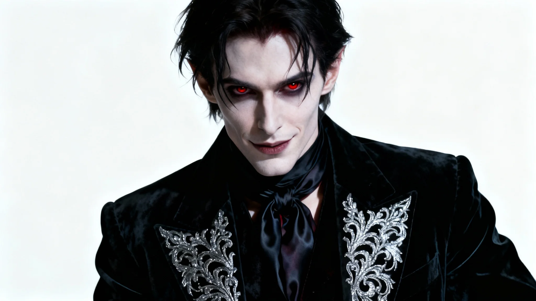 A hyper-realistic portrait of a handsome gothic vampire with pale skin and crimson eyes, wearing a black velvet jacket, isolated on a clean white background.