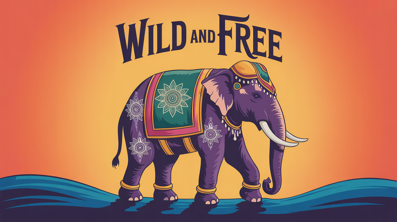 A finished, eye-catching poster design showing a majestic elephant decorated in purple, gold, and mandala patterns. Above the elephant, the text 'WILD AND FREE' is written in a stylized font against a sunset gradient background.