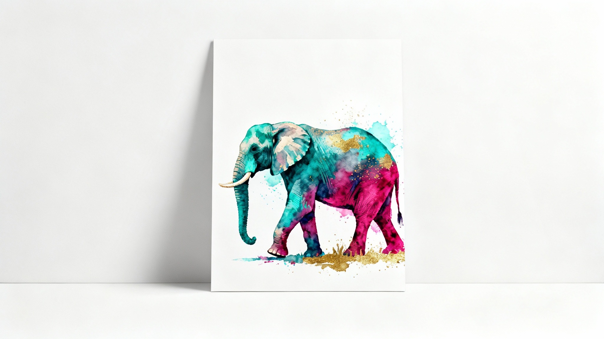 A minimalist mockup of a modern art poster featuring a colorful, abstract watercolor illustration of an elephant against a plain white background.