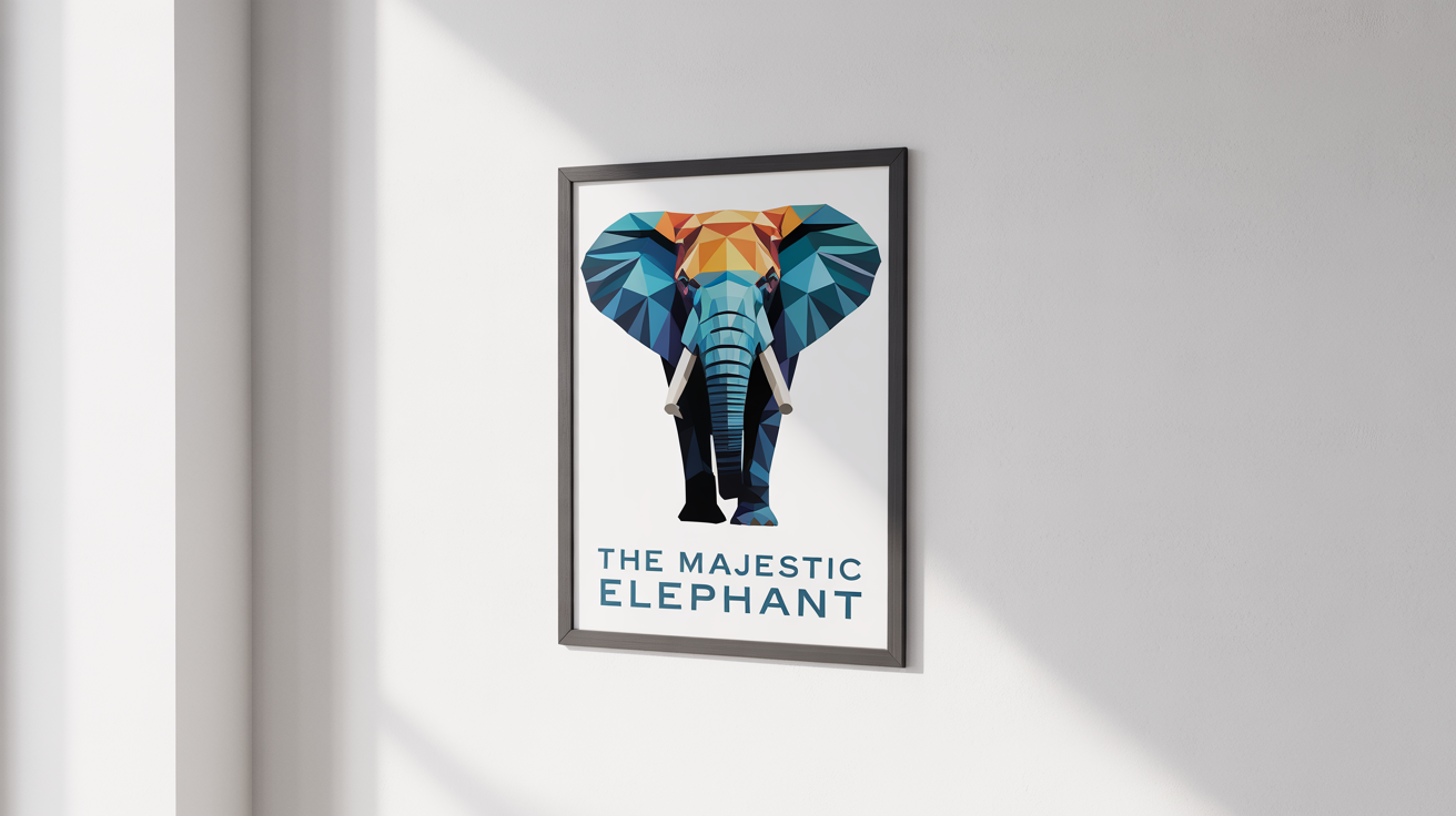 A framed art poster of a geometric elephant in blue and orange hues, with the text 'THE MAJESTIC ELEPHANT', hanging on a plain white wall.