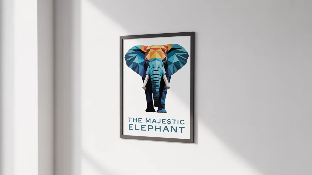 A framed art poster of a geometric elephant in blue and orange hues, with the text 'THE MAJESTIC ELEPHANT', hanging on a plain white wall.