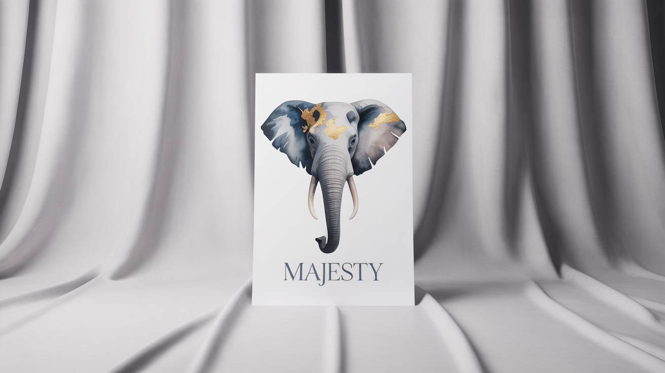 A modern art poster mockup featuring a stylized watercolor illustration of an elephant in shades of gray and blue with gold accents, with the word 'MAJESTY' printed at the bottom, set against a plain white background.