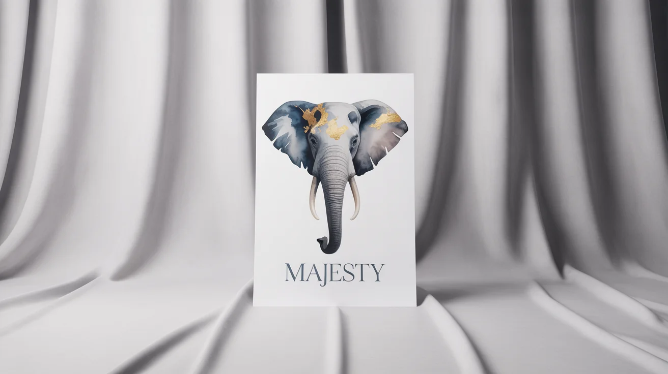A modern art poster mockup featuring a stylized watercolor illustration of an elephant in shades of gray and blue with gold accents, with the word 'MAJESTY' printed at the bottom, set against a plain white background.