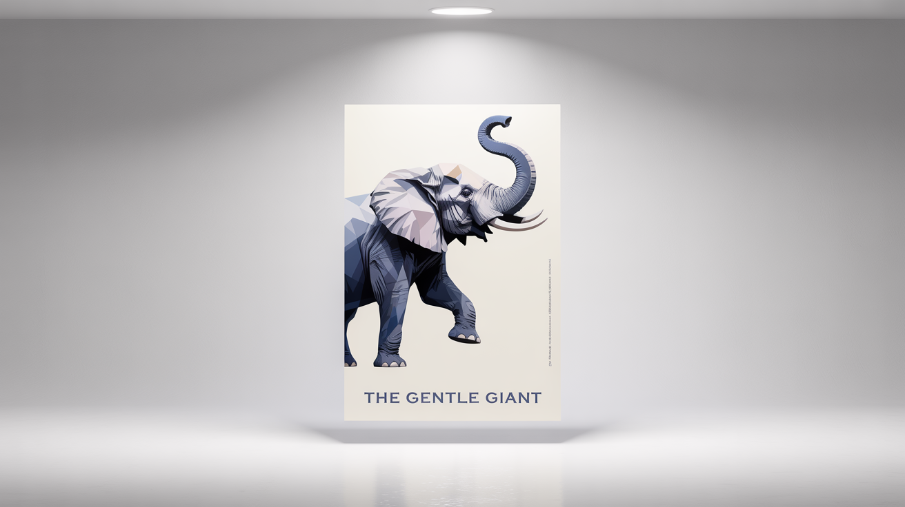 A modern art poster mockup of a majestic elephant designed with geometric shapes in shades of gray and blue. The text 'THE GENTLE GIANT' is at the bottom. The poster is on a white background.