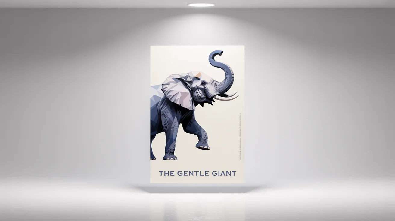 A modern art poster mockup of a majestic elephant designed with geometric shapes in shades of gray and blue. The text 'THE GENTLE GIANT' is at the bottom. The poster is on a white background.