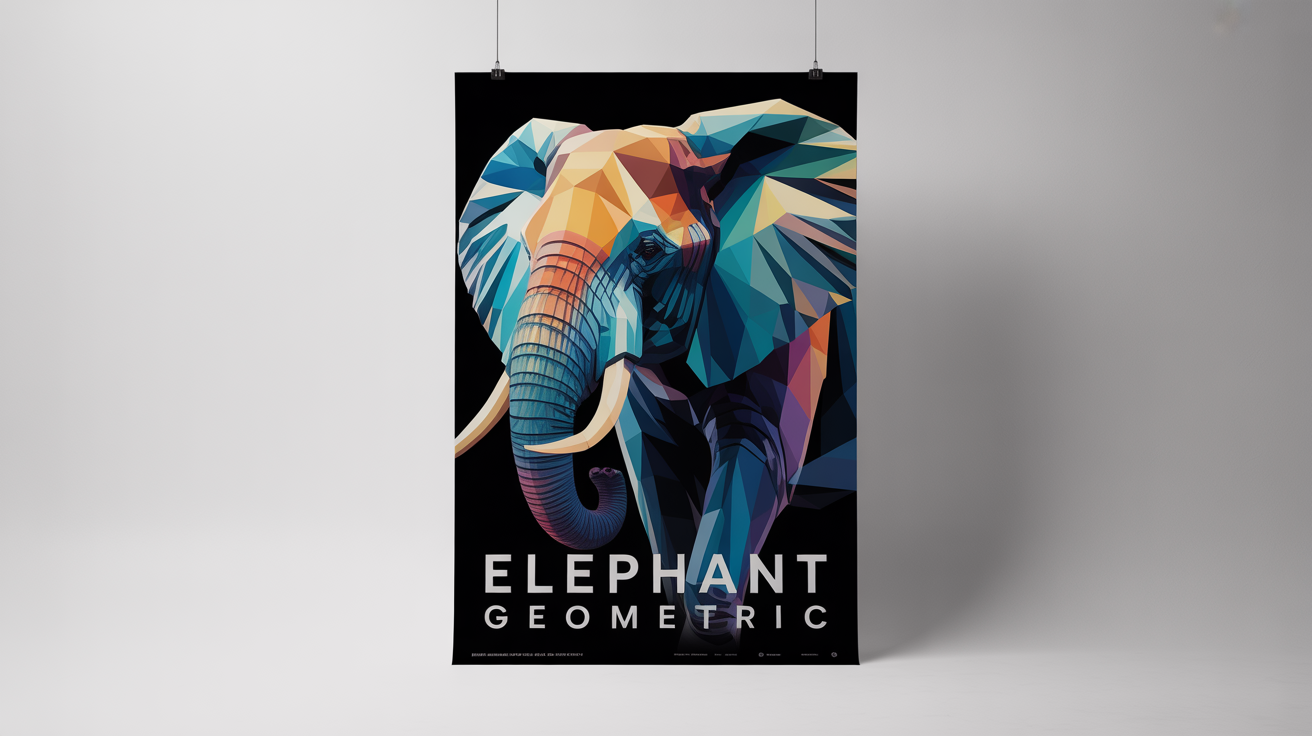 A mockup of a modern art poster featuring a geometric, low-poly illustration of an elephant's head in vibrant colors. The text 'ELEPHANT GEOMETRIC' is at the bottom. The poster is shown on a white background.