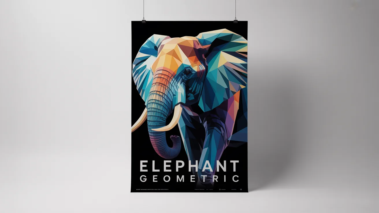 A mockup of a modern art poster featuring a geometric, low-poly illustration of an elephant's head in vibrant colors. The text 'ELEPHANT GEOMETRIC' is at the bottom. The poster is shown on a white background.