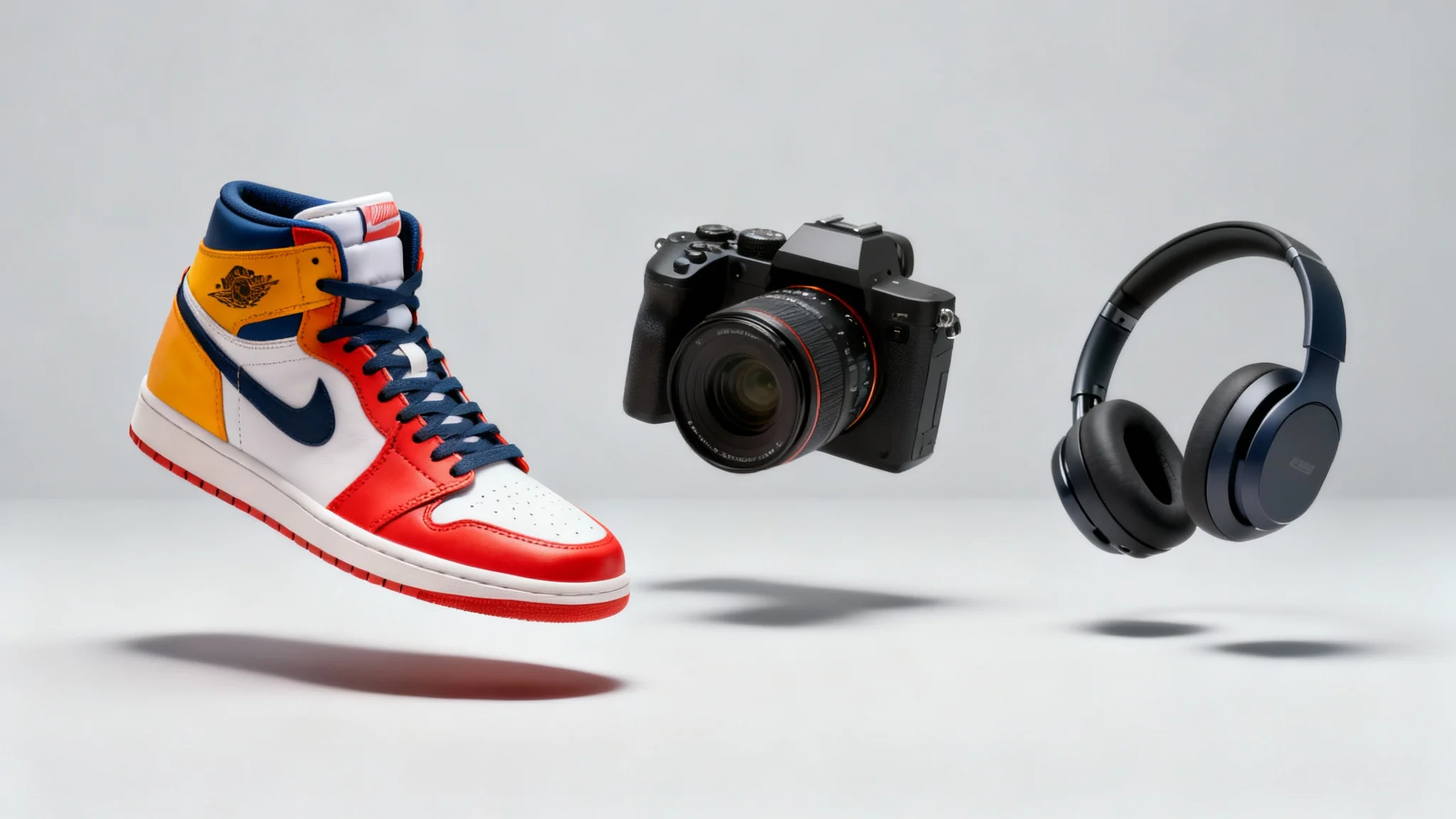 A dynamic composition of perfectly isolated products—a sneaker, camera, and headphones—floating against a clean, light grey background, showcasing a professional product photography result.