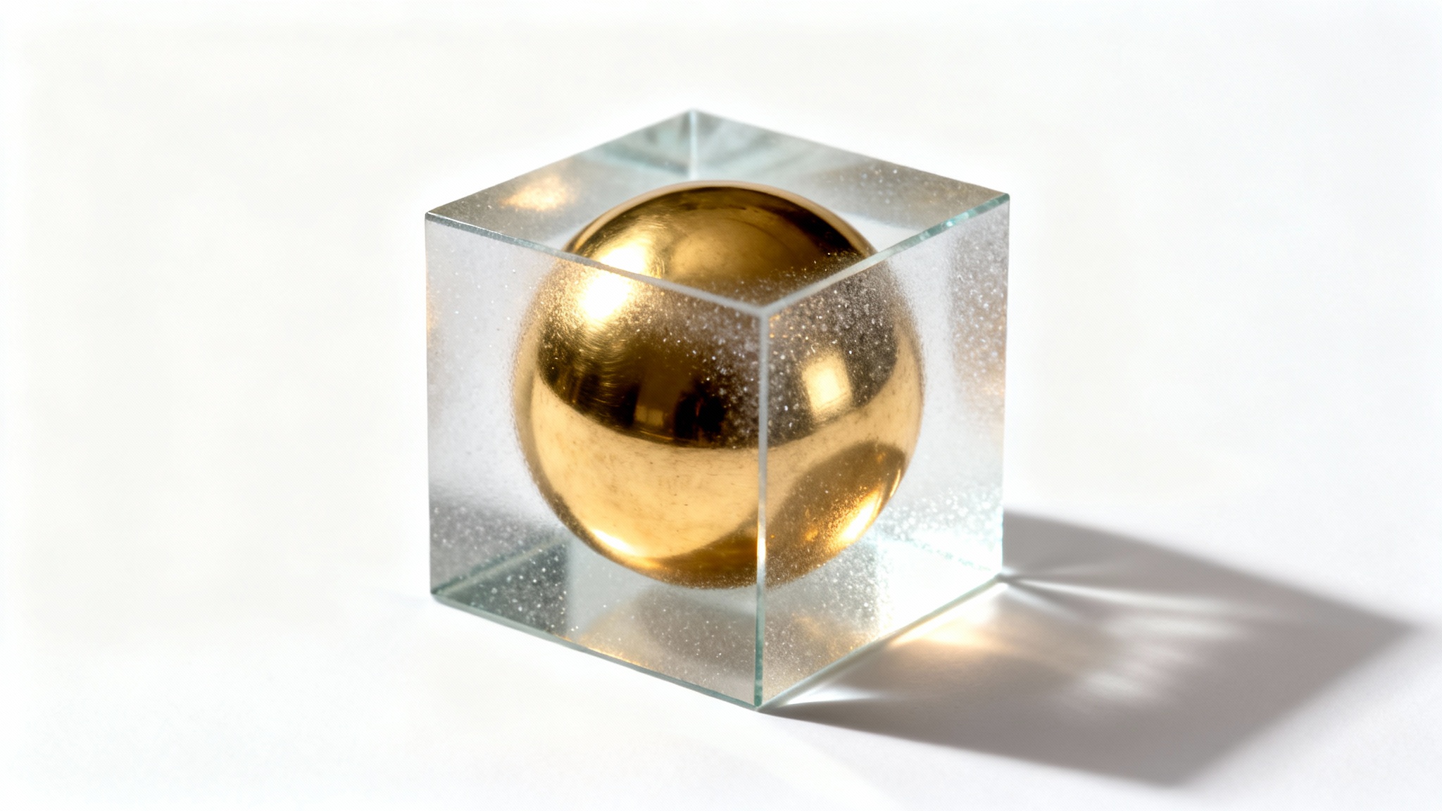 A minimalist product shot of an abstract geometric sculpture, featuring a polished brass sphere inside a frosted glass cube, set against a clean white background.