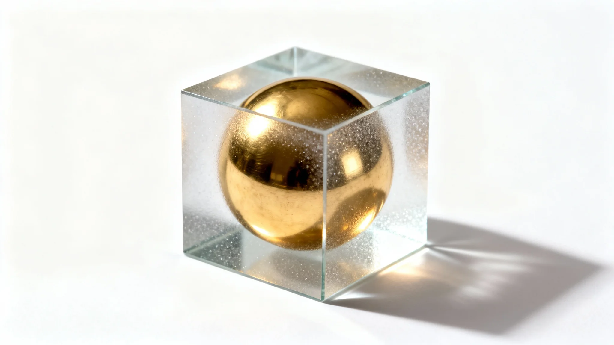 A minimalist product shot of an abstract geometric sculpture, featuring a polished brass sphere inside a frosted glass cube, set against a clean white background.