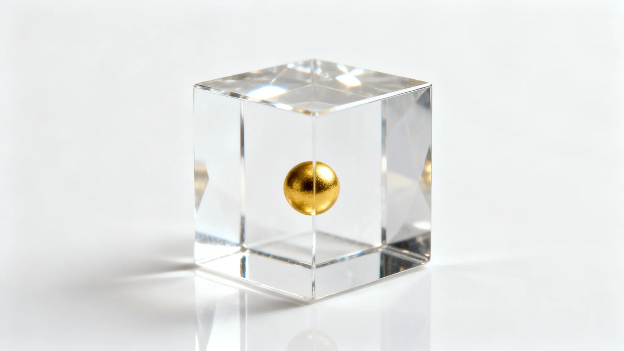A photorealistic image of a perfect crystal cube with a small gold sphere suspended in its center, set against a clean white background in a minimalist composition.