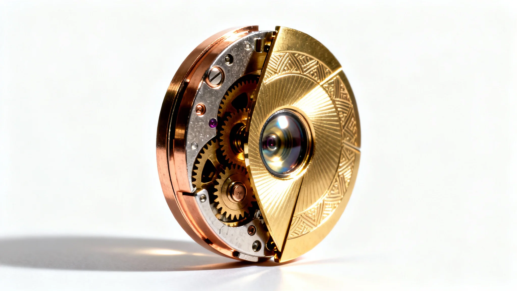 A close-up, photorealistic image of a beautiful and complex mechanical iris made of polished brass and copper, set against a stark white background.