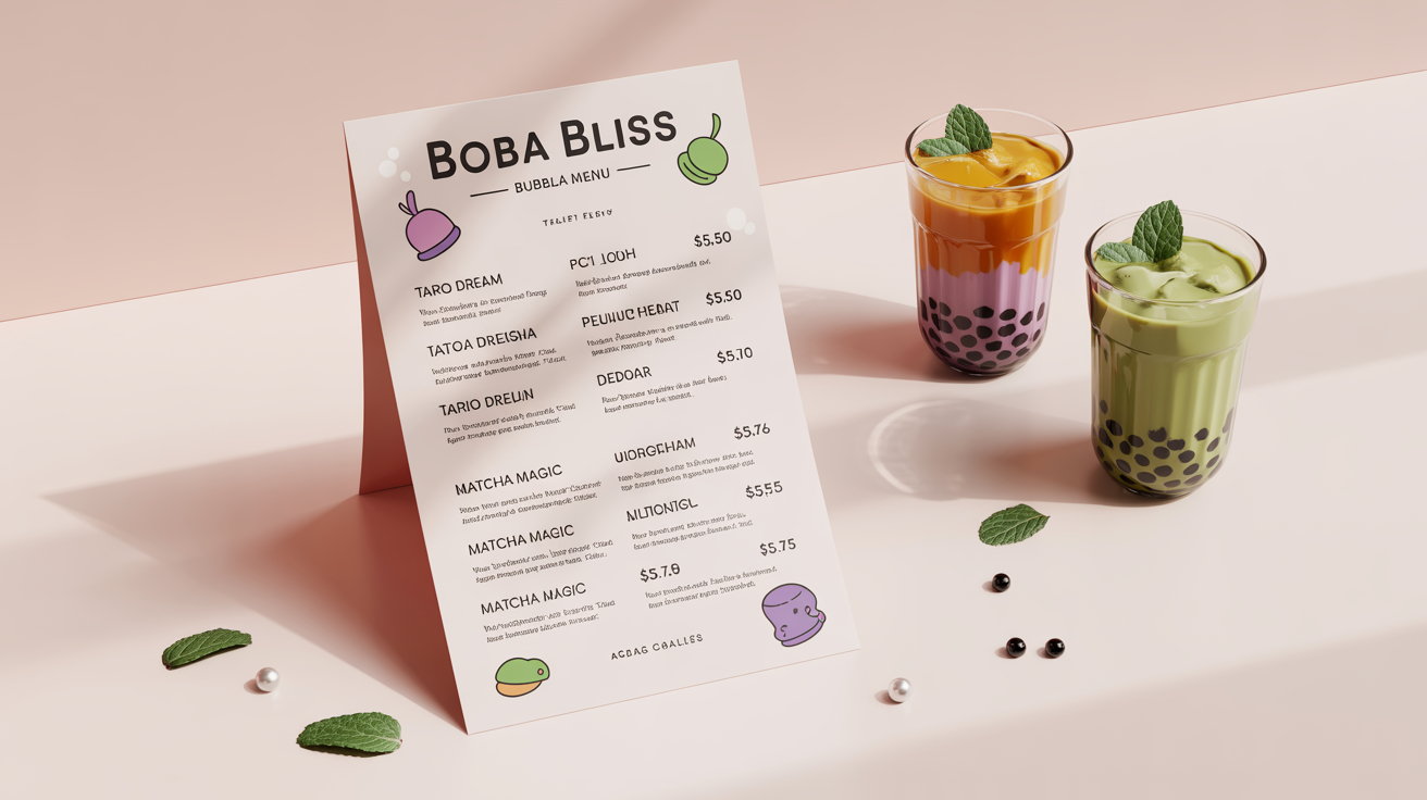 A top-down view of a professionally designed bubble tea menu on a light pink background. The modern and colorful menu, titled 'Boba Bliss', is displayed next to two delicious-looking bubble tea drinks, creating a polished and appealing scene.