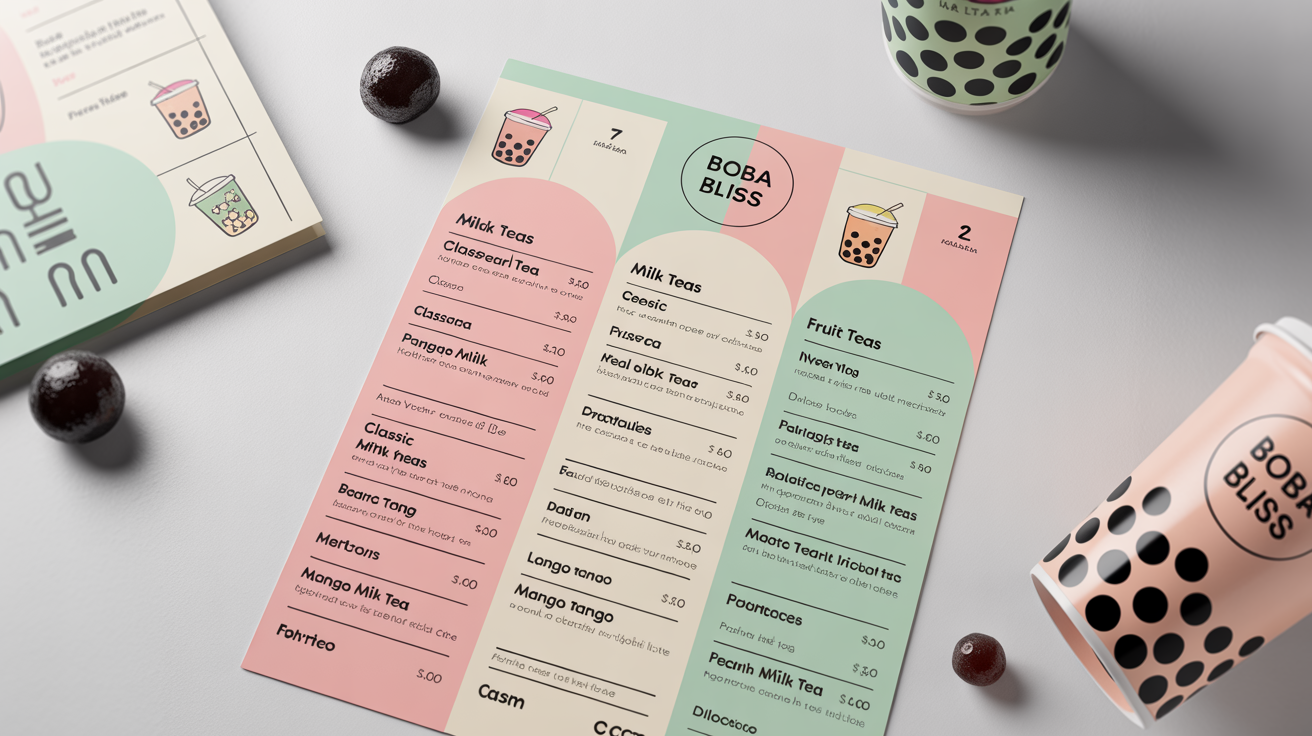 A professionally designed bubble tea menu for a fictional shop named 'Boba Bliss', laid flat on a clean white background with a few tapioca pearls scattered around it.