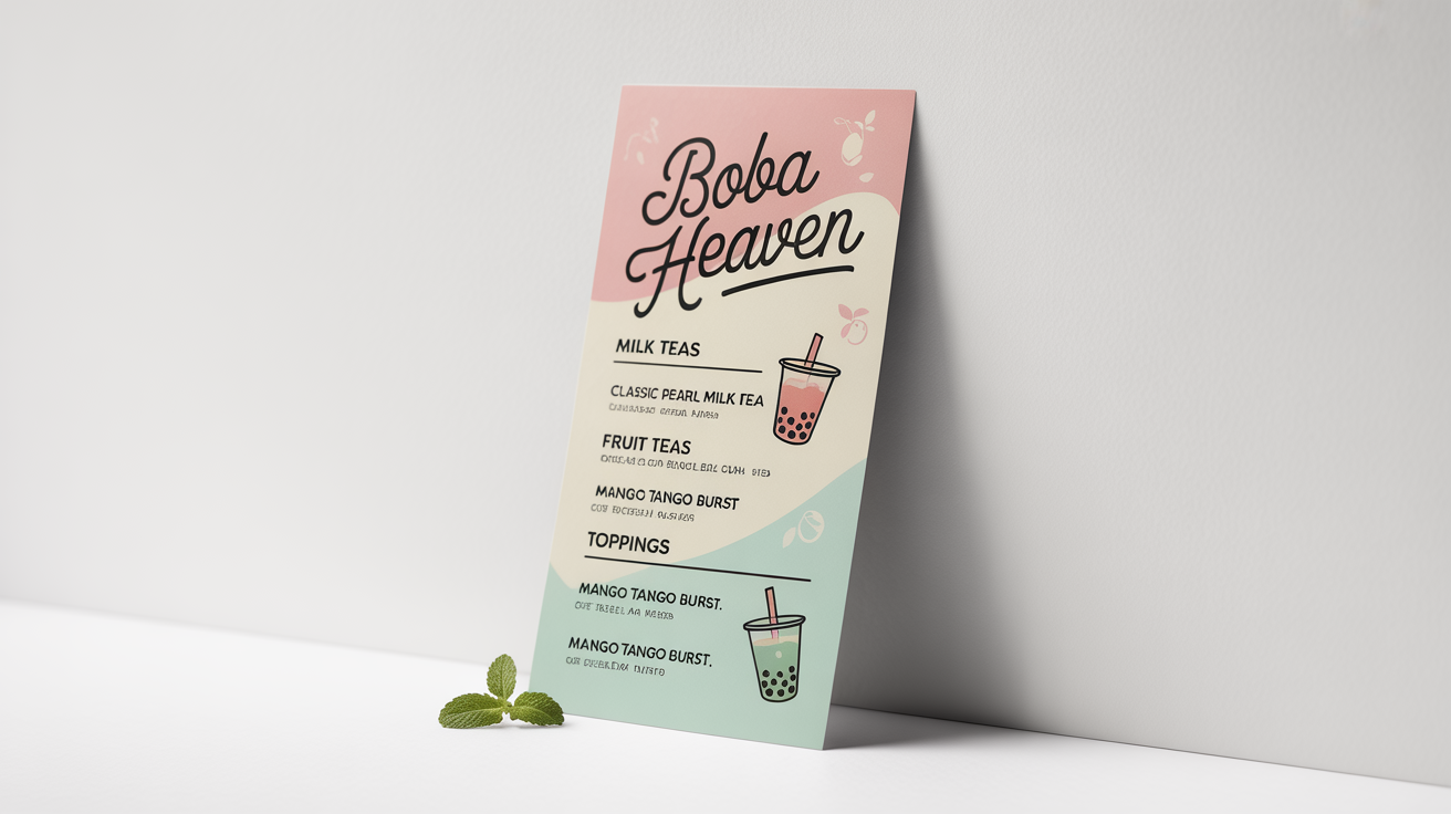 A mockup of a pastel-colored bubble tea menu for a shop called 'Boba Heaven', displayed on a clean white background.