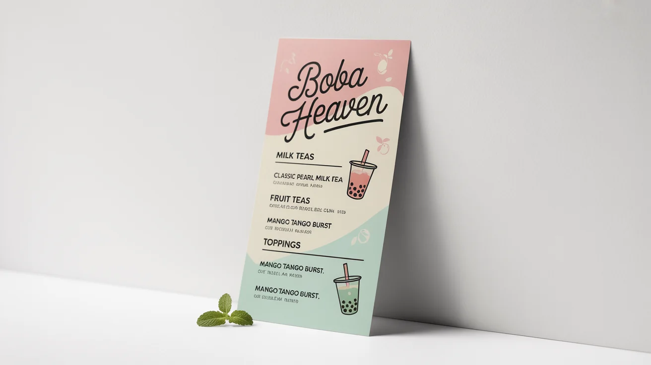 A mockup of a pastel-colored bubble tea menu for a shop called 'Boba Heaven', displayed on a clean white background.