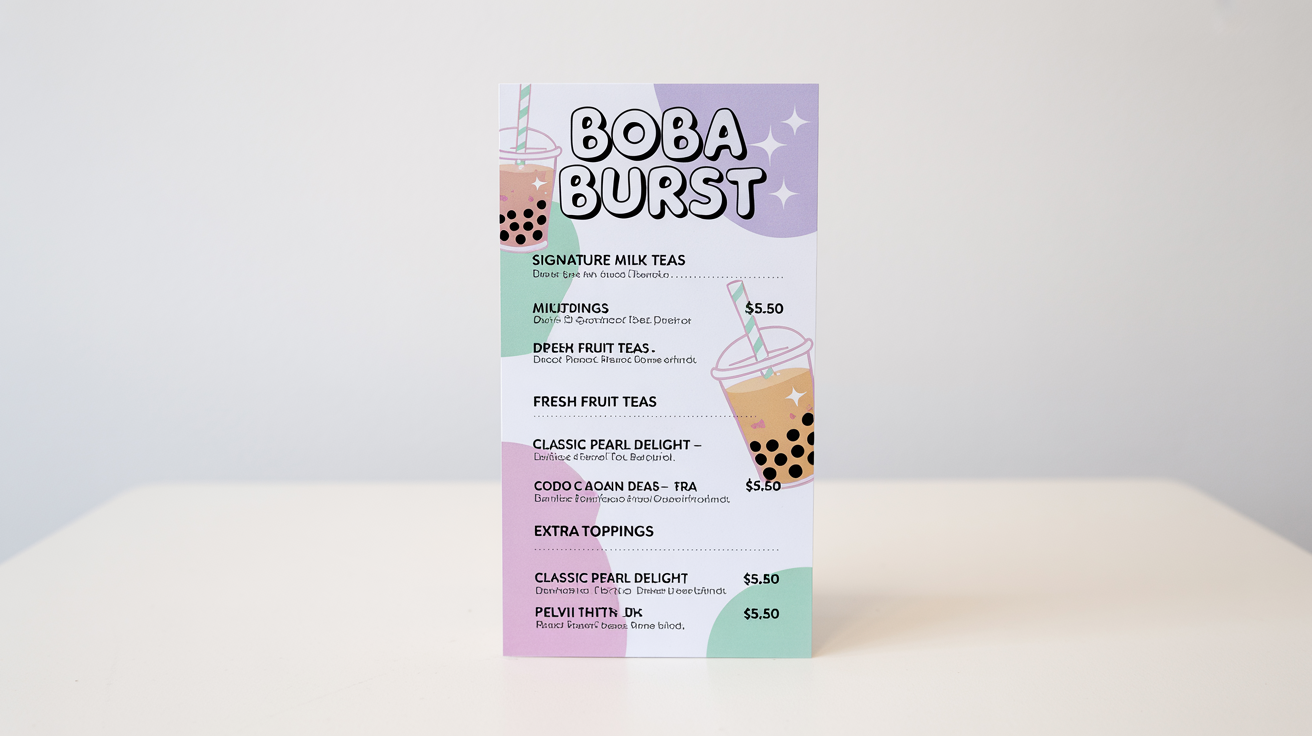 A mockup of a trendy and modern bubble tea menu for a shop named 'Boba Burst', featuring sections for milk teas, fruit teas, and toppings, all set against a clean white background.