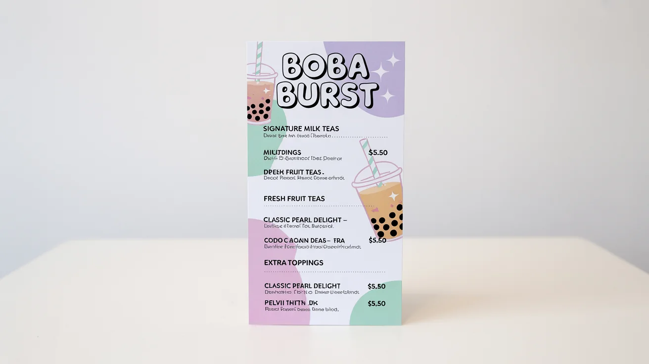 A mockup of a trendy and modern bubble tea menu for a shop named 'Boba Burst', featuring sections for milk teas, fruit teas, and toppings, all set against a clean white background.
