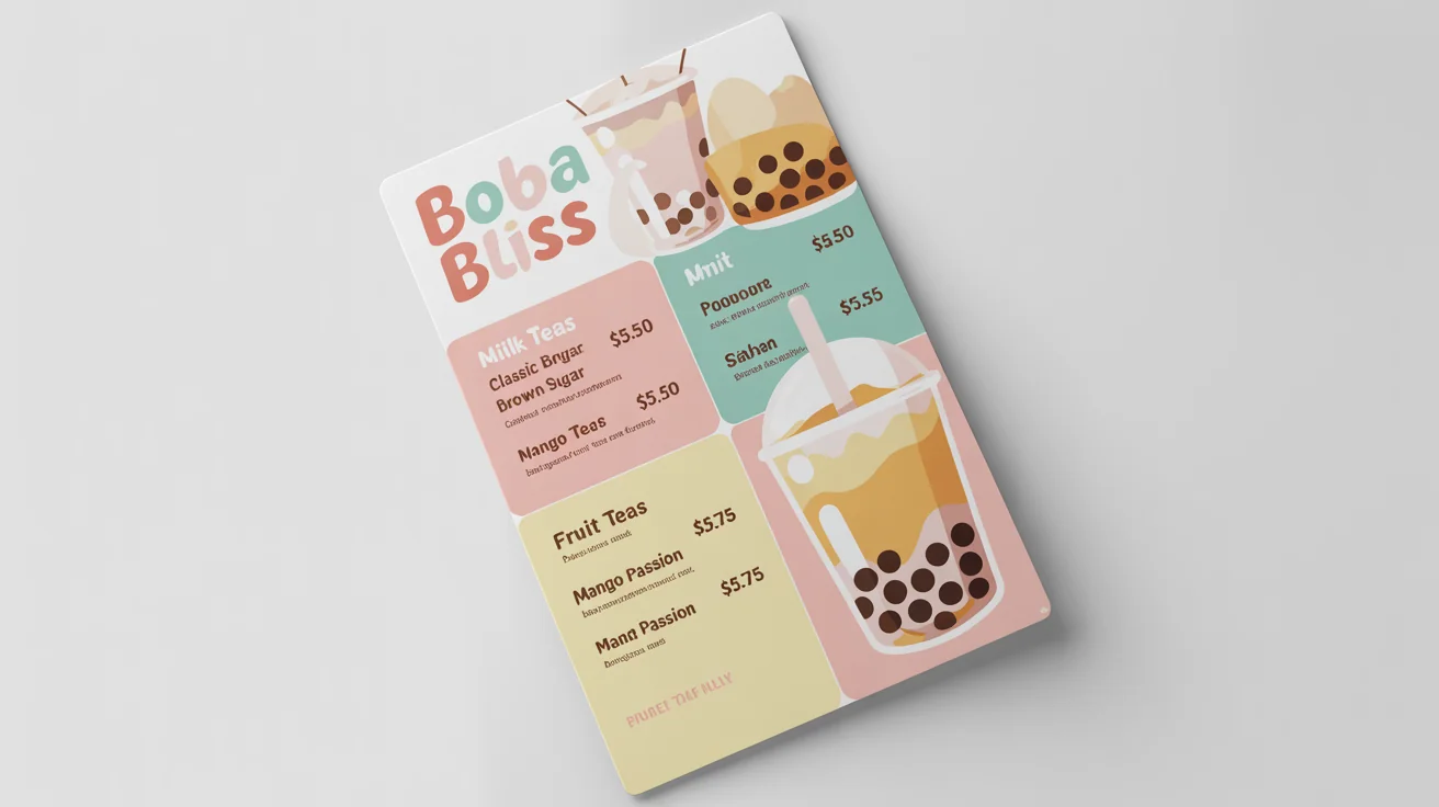 A mockup of a professionally designed bubble tea menu for a shop named 'Boba Bliss', featuring pastel colors and cute illustrations on a clean white background.