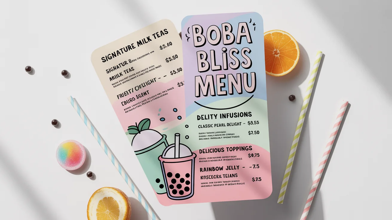 A mockup of a cheerful and modern bubble tea menu for a fictional shop called 'Boba Bliss', showcasing various drinks and toppings on a white background.