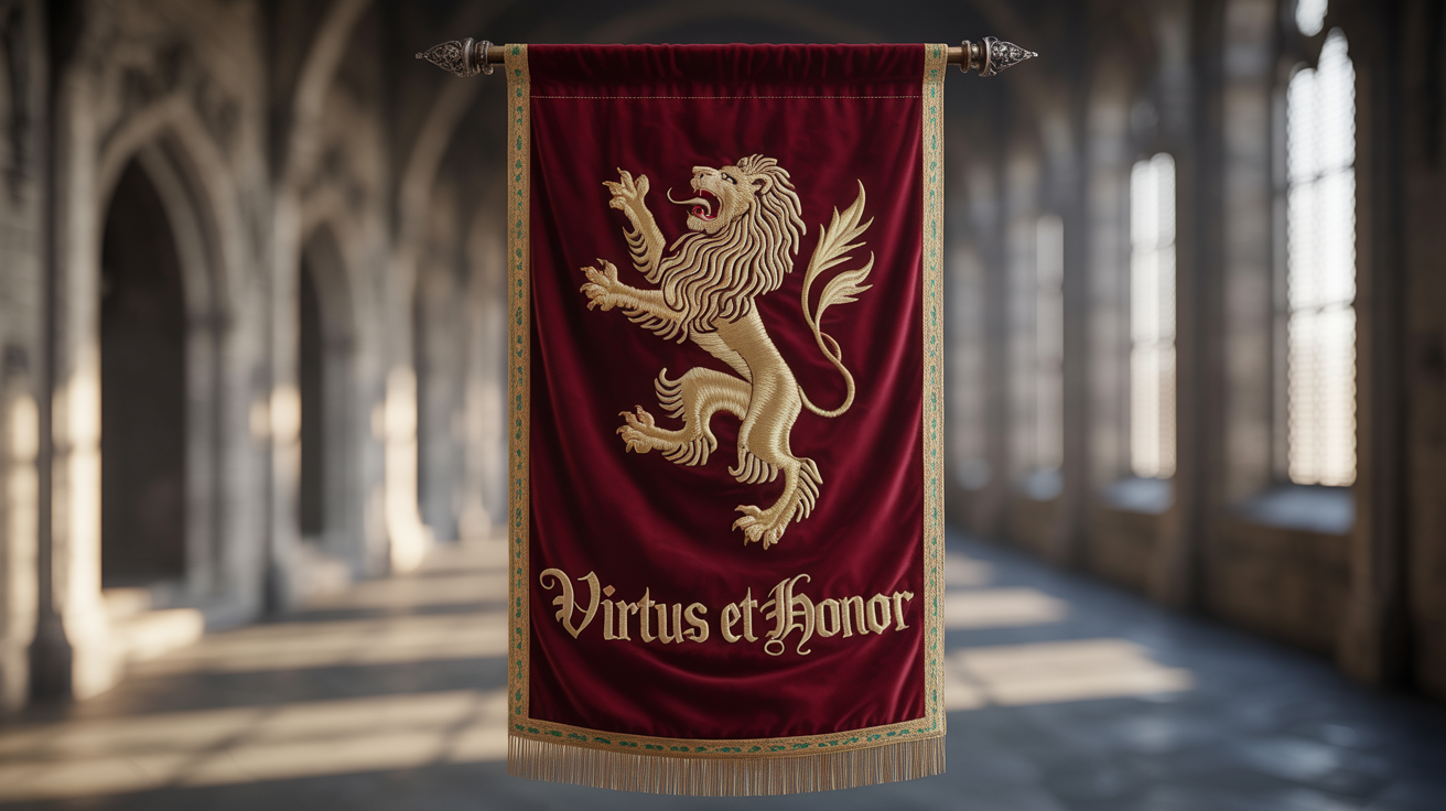 An ornate medieval banner hanging in a castle hall. The crimson banner features a detailed golden lion emblem and the motto 'VIRTUS ET HONOR' in a gothic font.
