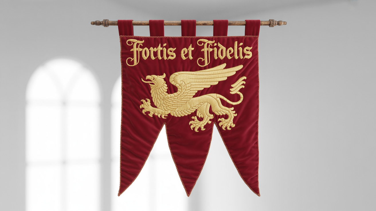 A photorealistic mockup of a medieval banner in crimson red, featuring a golden griffin and the motto 'Fortis et Fidelis', hanging against a plain white background.
