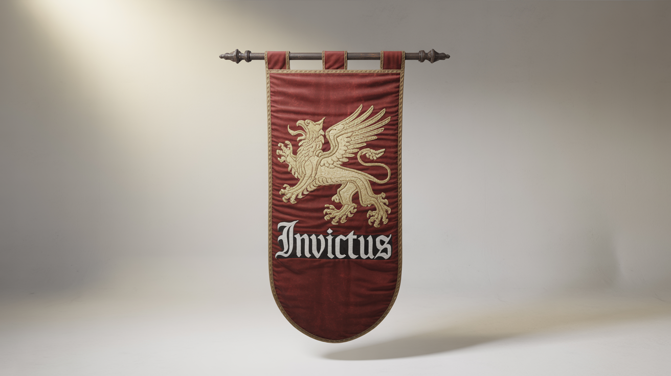 A crimson medieval banner featuring a large golden griffin emblem and the word 'INVICTUS' in black Gothic text, hanging from a wooden rod against a plain white background.