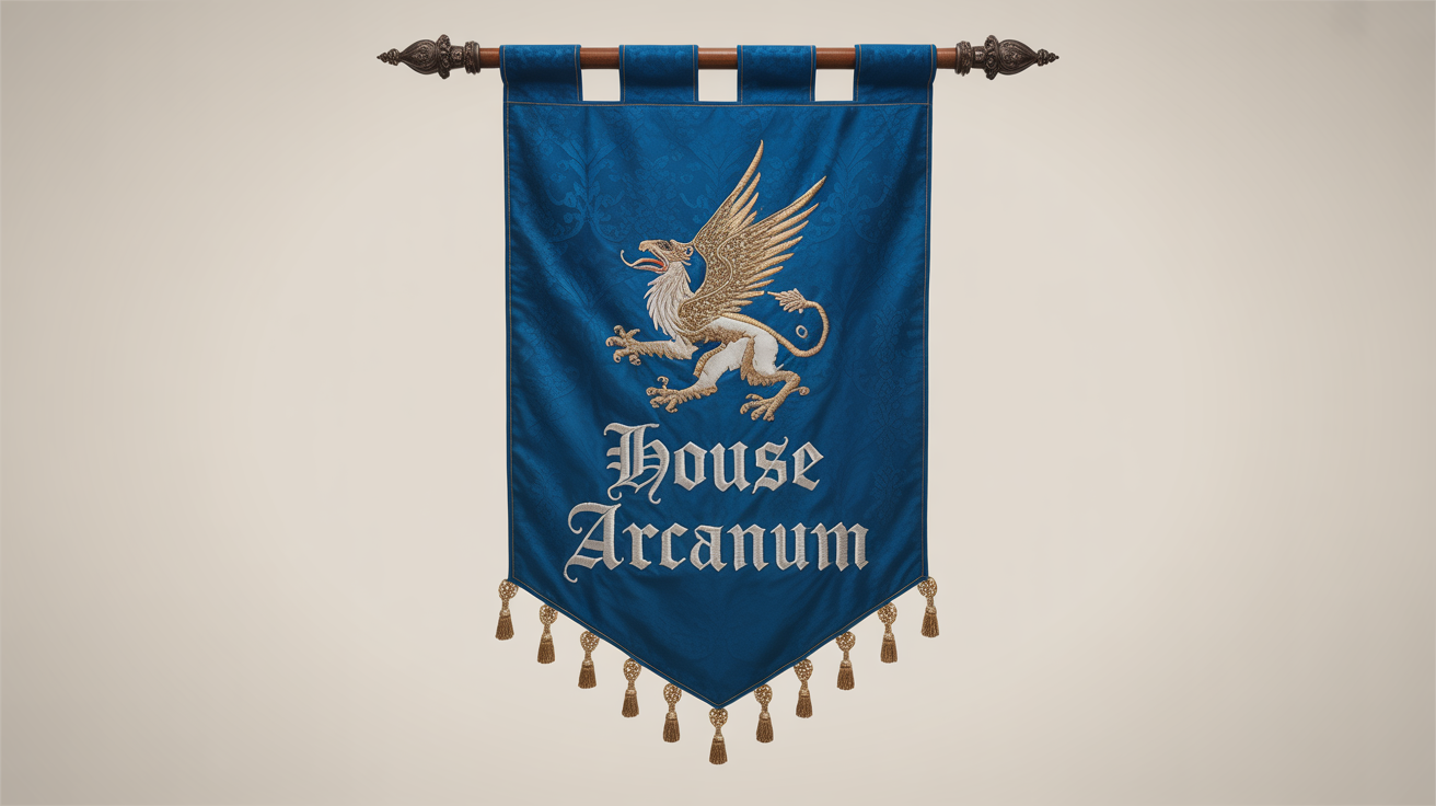 A high-quality mockup of a royal blue medieval banner featuring an embroidered gold and silver griffin and the text 'HOUSE ARCANUM', hanging against a white background.