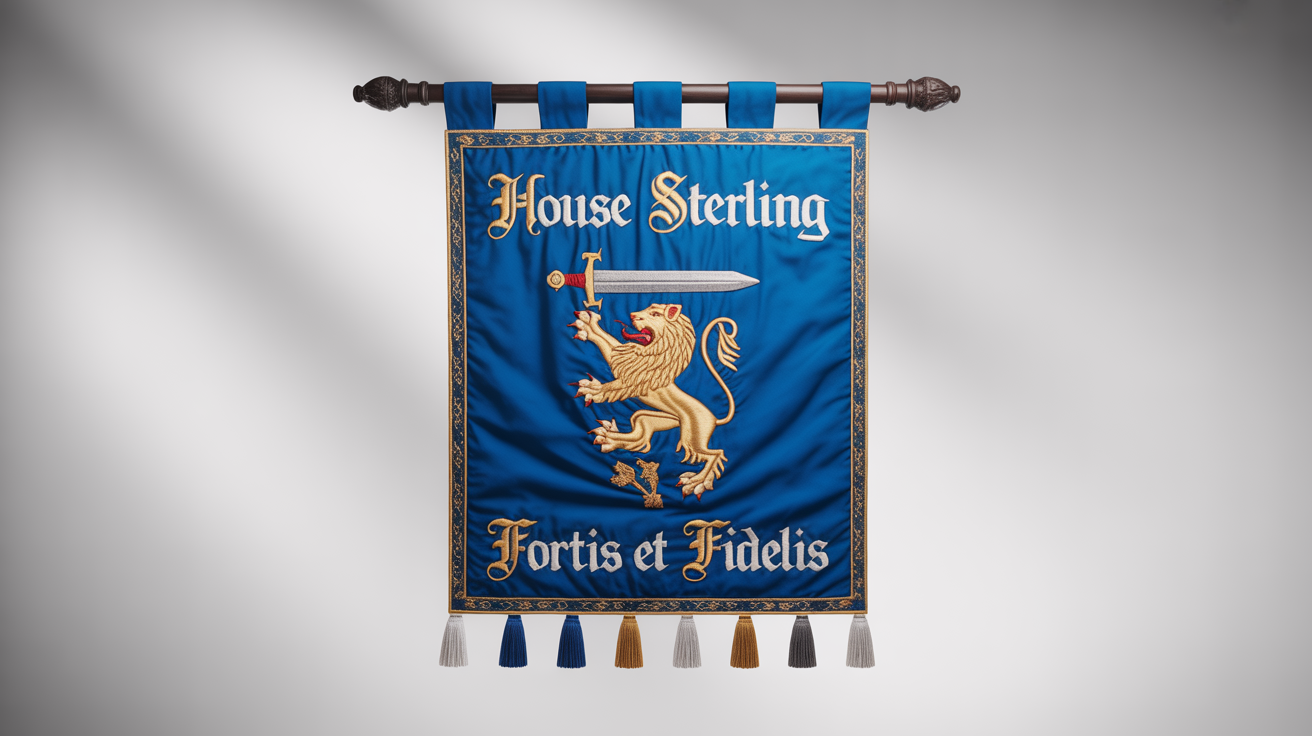 A photorealistic mockup of a medieval banner against a white background. The royal blue banner features a gold and silver embroidered crest of a lion holding a sword, with the legible text 'House Sterling' above and 'FORTIS ET FIDELIS' below.