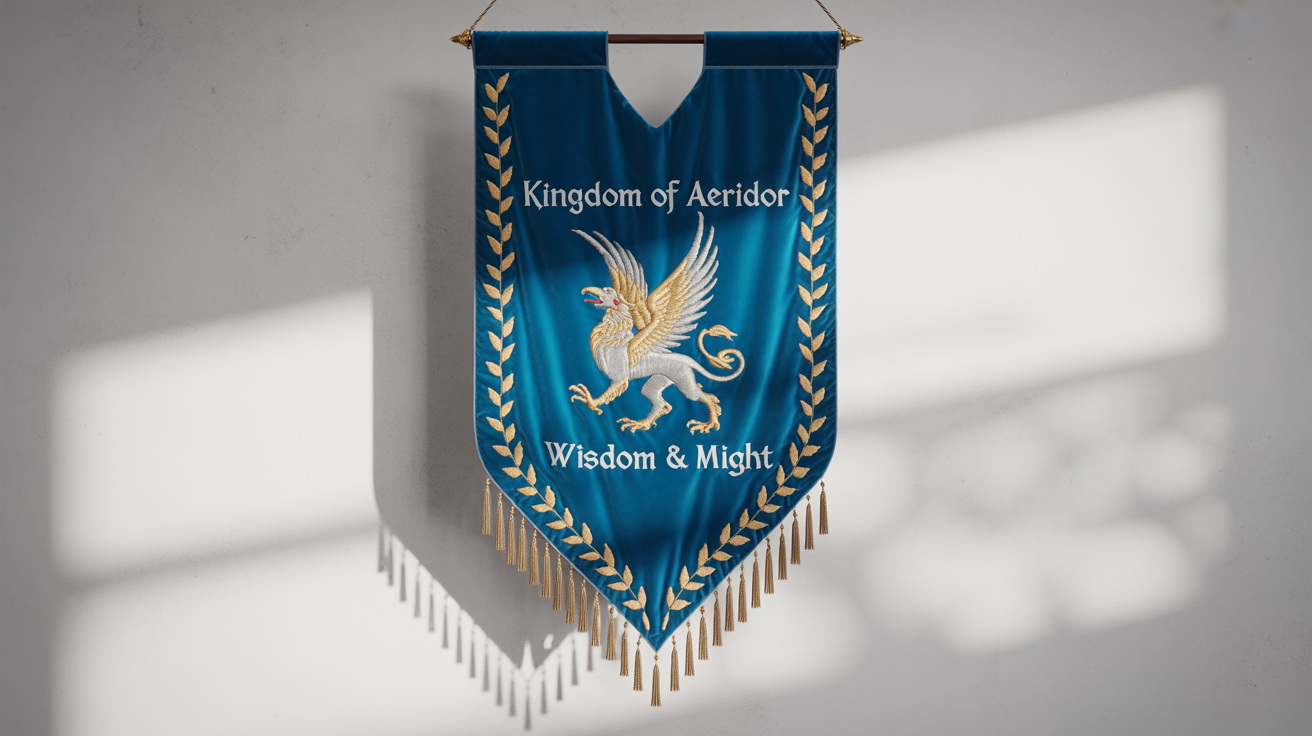A mockup of a medieval banner in deep blue velvet, featuring an embroidered gold and silver griffin and the text 'Kingdom of Aeridor' and 'Wisdom & Might', hanging against a white background.
