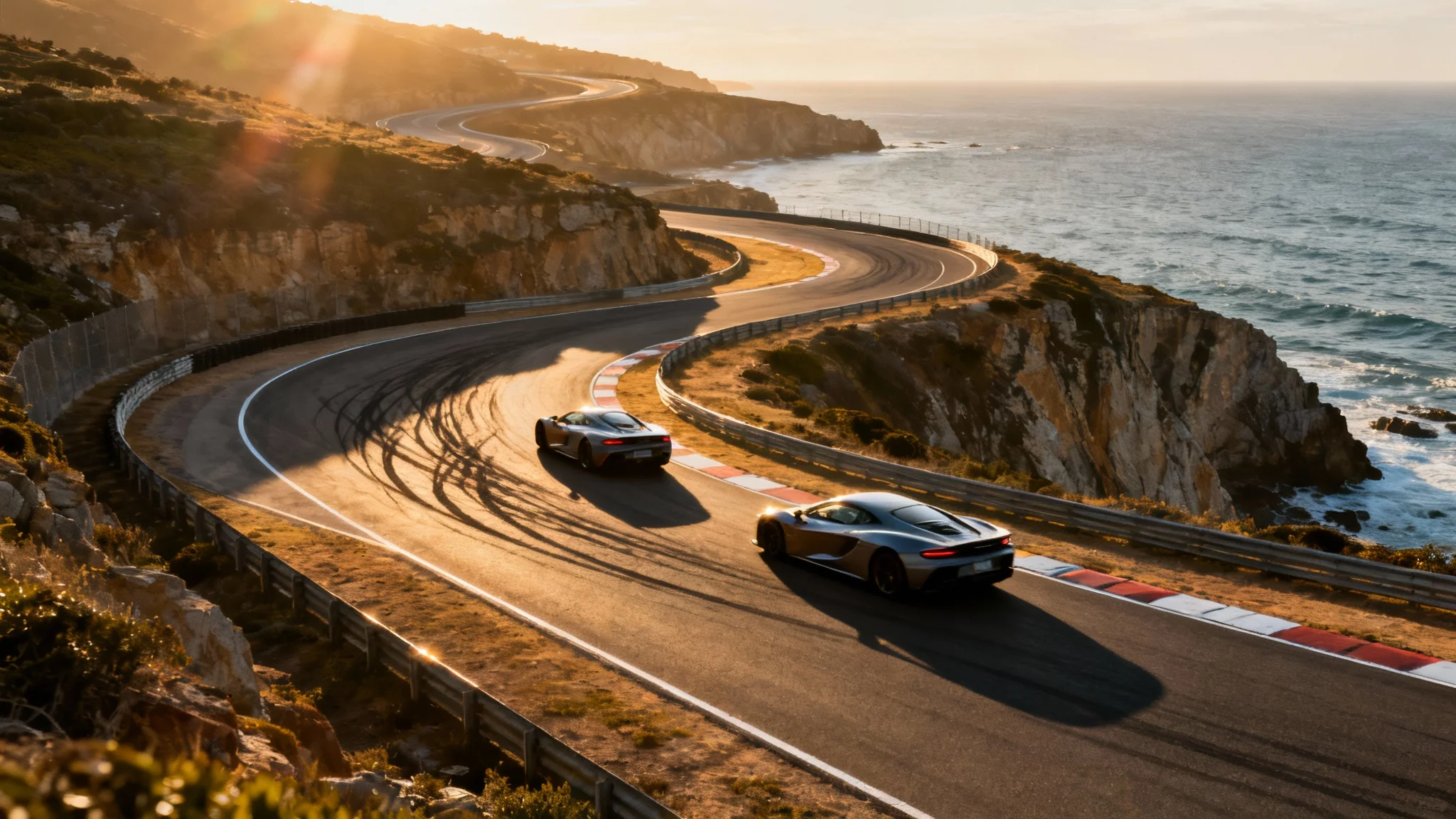 A breathtaking aerial view of a winding racetrack along a sunny coast, with two supercars racing on a curve.