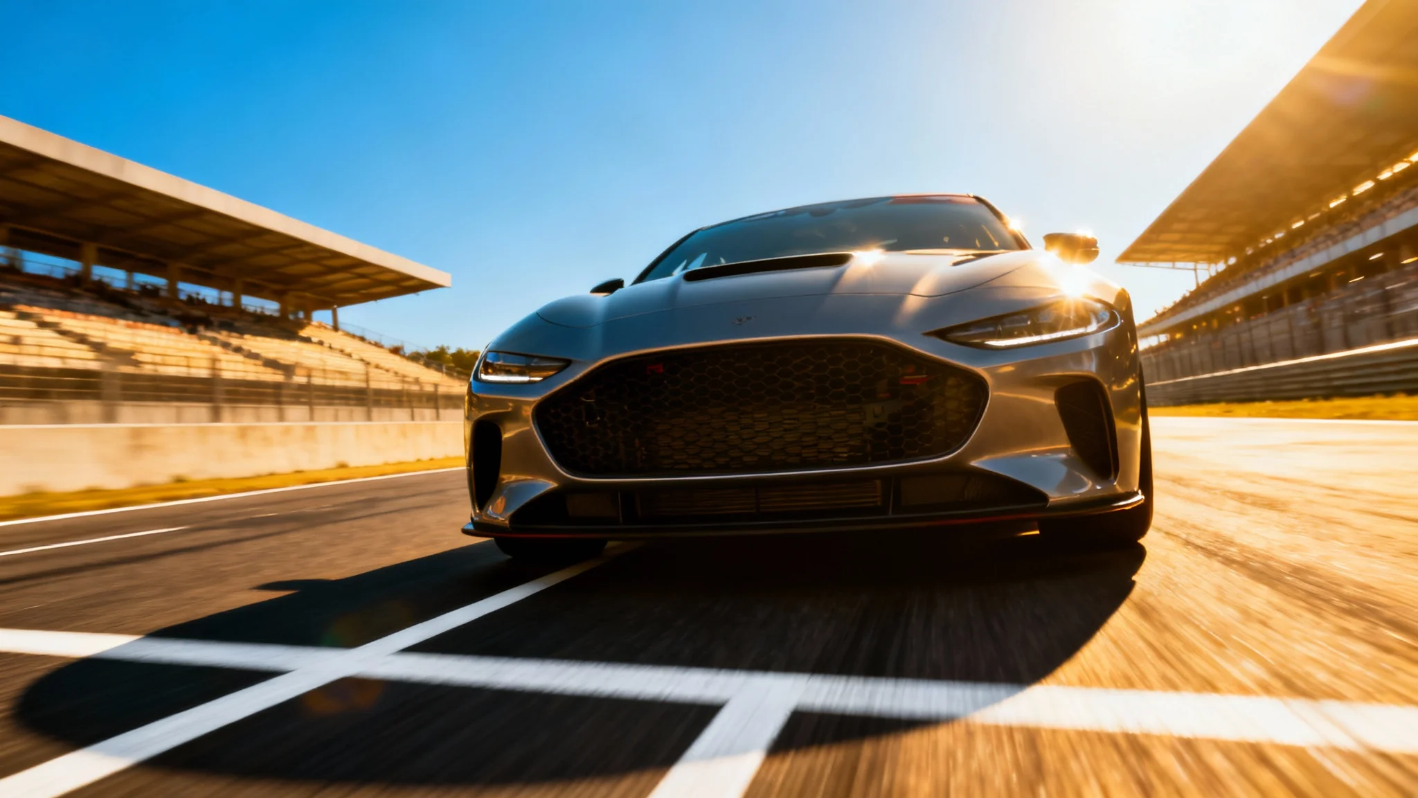 A photorealistic image of a race car speeding down a racetrack on a sunny day, captured from a low angle to emphasize its speed and power.