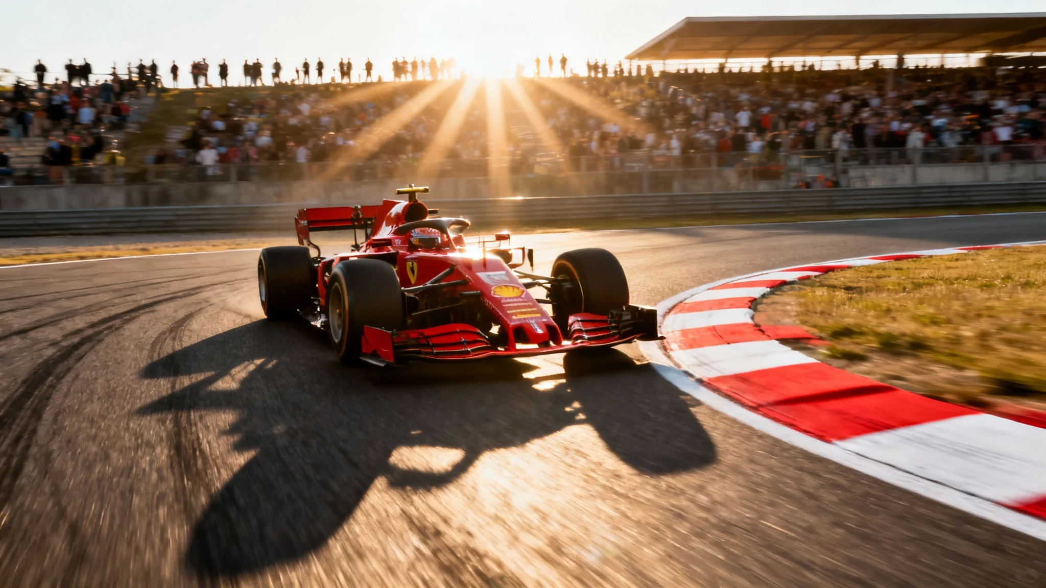 A dynamic, low-angle photograph of a red race car speeding around a corner on a professional racetrack, with motion blur indicating high speed.
