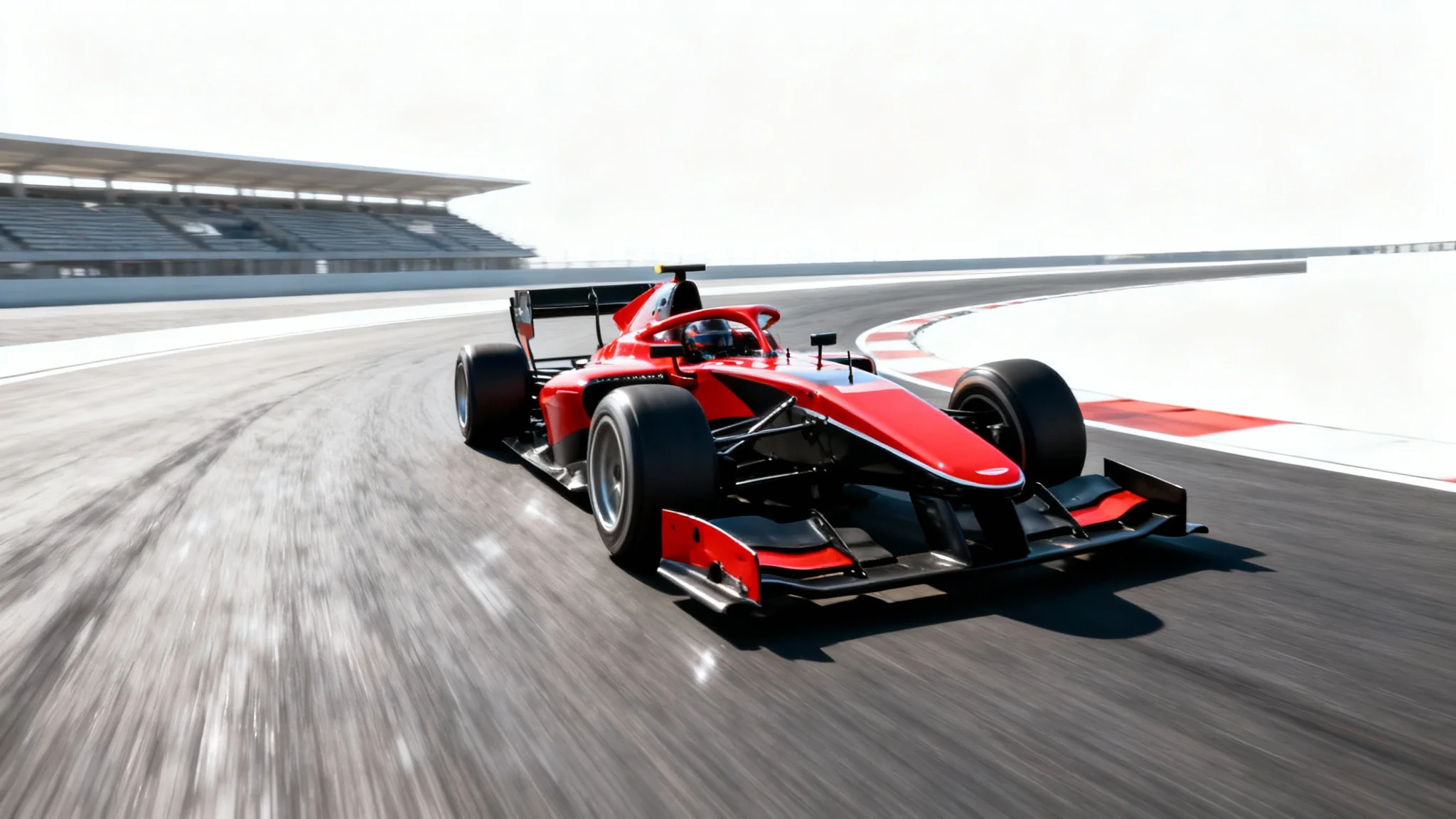 A dynamic, low-angle shot of a sleek red and black formula race car speeding around a racetrack corner, with motion blur emphasizing its velocity.
