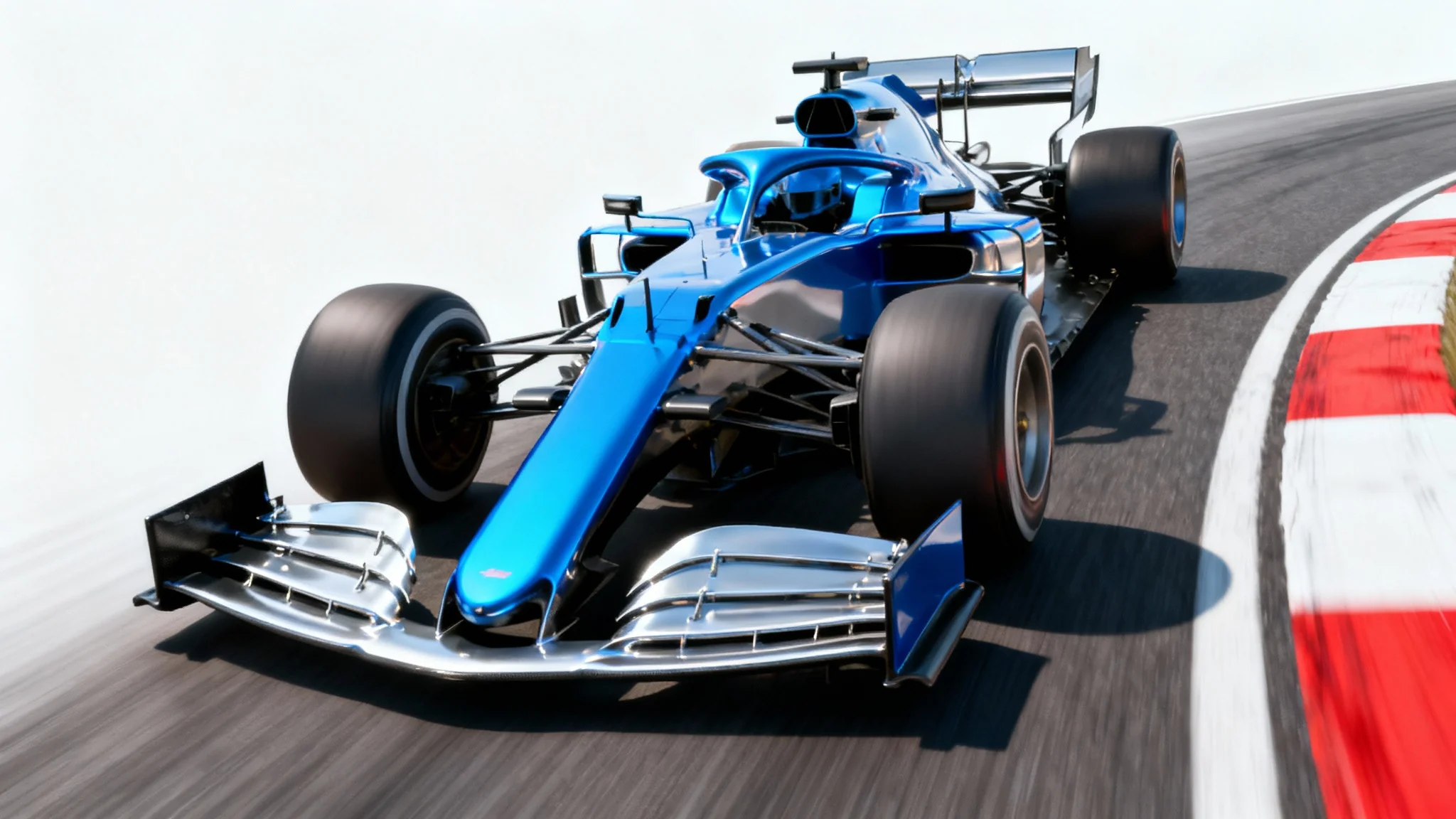 A dynamic mockup of a modern, electric blue race car speeding around a turn on a pristine racetrack, isolated against a solid white background.