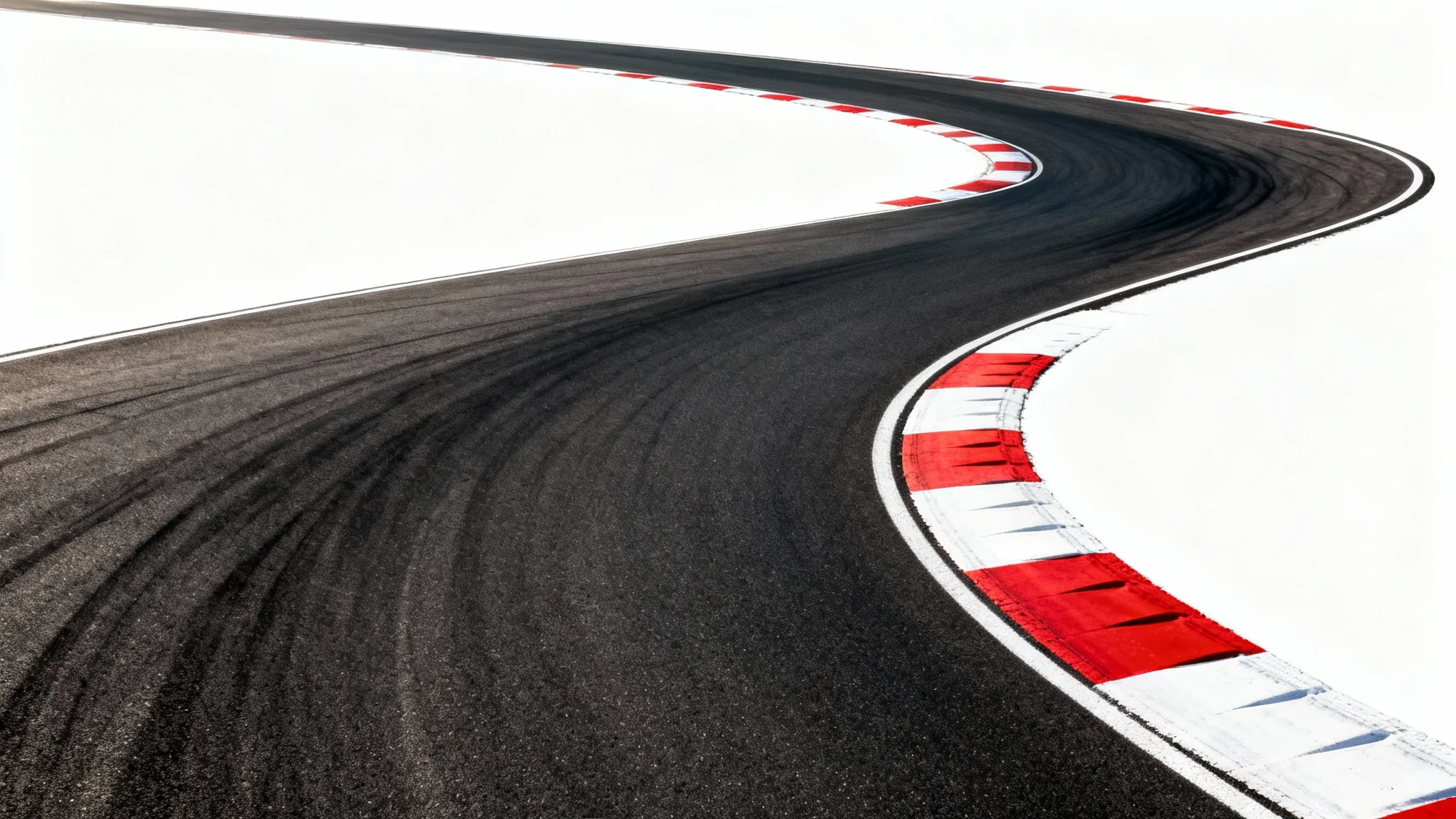 A wide, low-angle view of a modern racetrack curving into the distance, presented as a clean mockup against a white background.