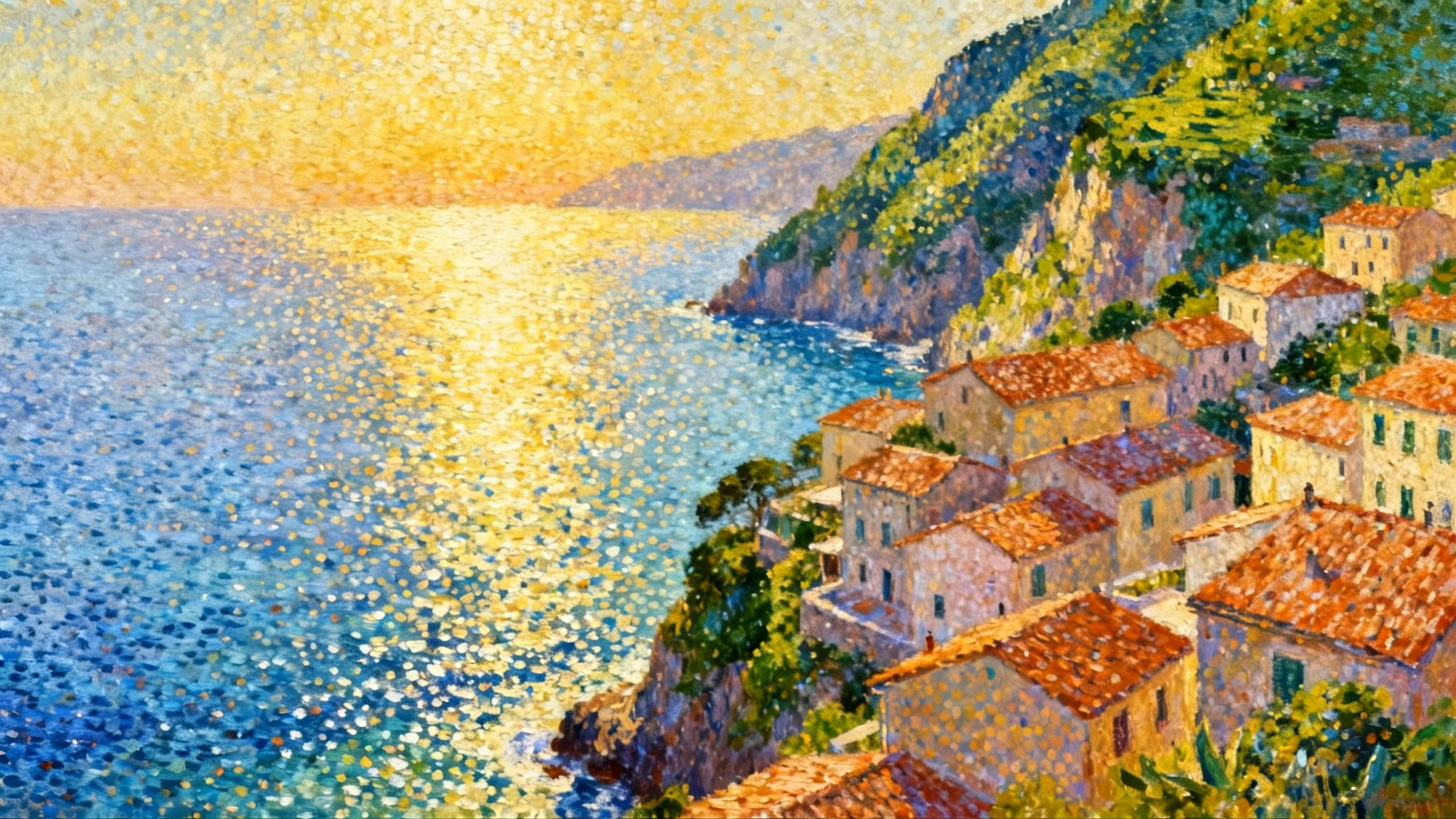 A beautiful digital painting of a sunny coastal village created in the pointillism style, where the entire scene is composed of small, colorful dots.