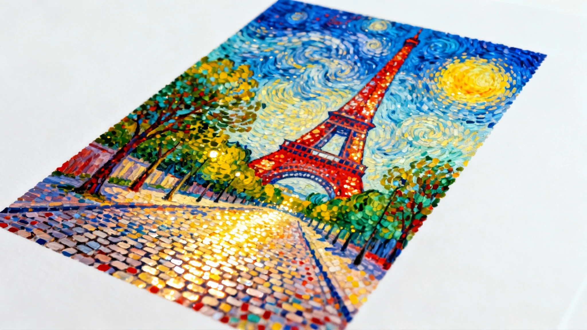 A vibrant and detailed painting of a Parisian street scene created in the pointillism style, featuring the Eiffel Tower under a colorful sky, all composed of tiny dots of paint. The artwork is displayed against a clean white background.
