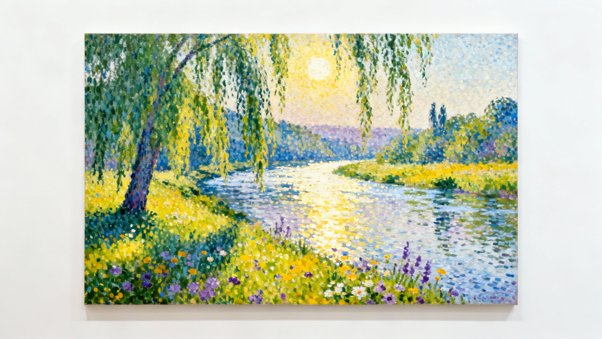 A beautiful pointillist painting of a sunlit river landscape, created from tiny dots of color. The artwork is shown as a mockup against a clean white background.