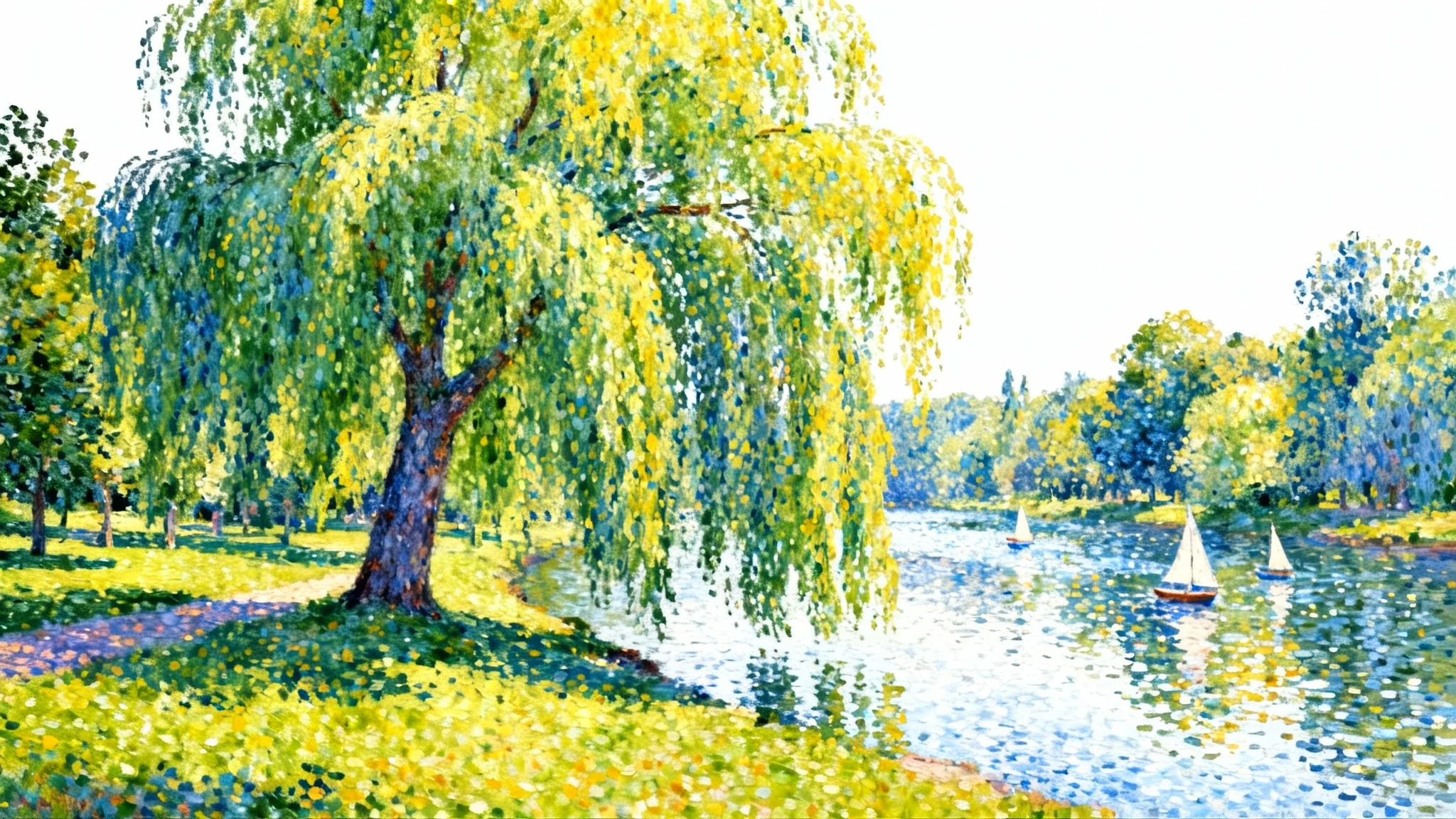 A beautiful landscape painting created in the pointillist style, featuring a weeping willow tree by a river on a sunny day, isolated on a white background.