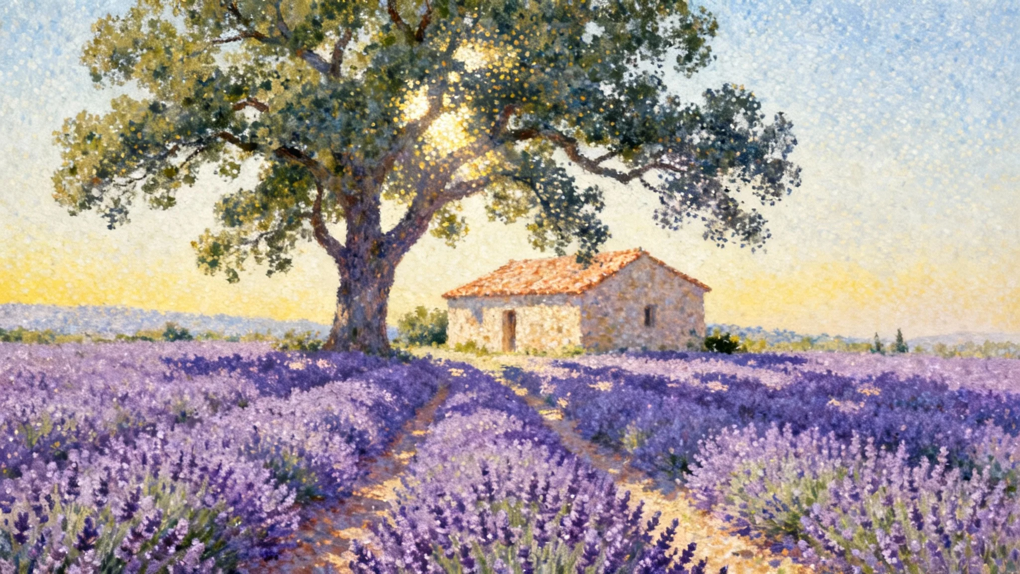 A digital artwork in the pointillism style, showing a vibrant landscape with a lavender field and a cottage. The image is composed of tiny dots of color and is presented on a white background.