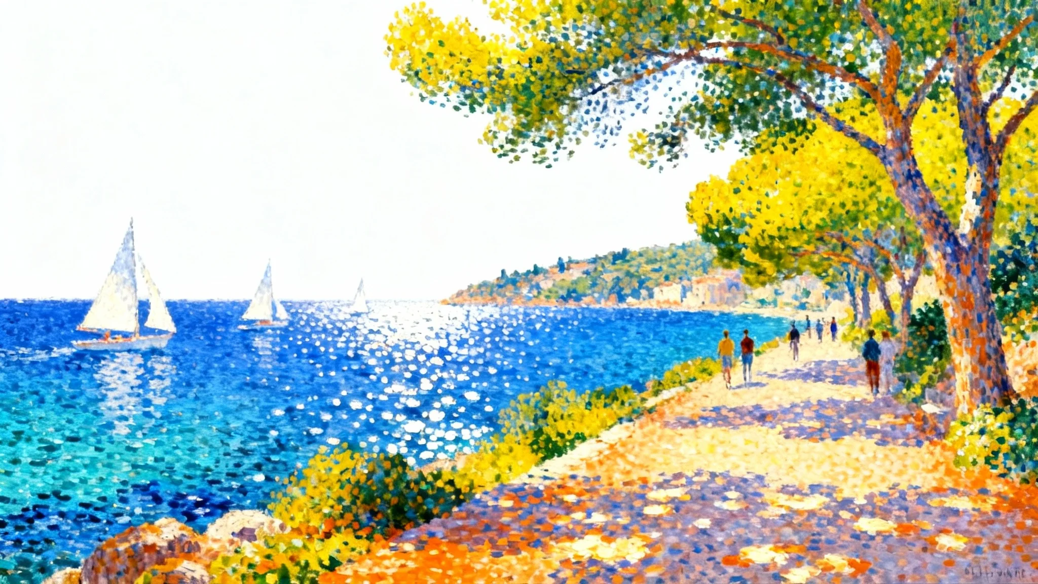 A beautiful landscape painting created in the pointillism style, showing sailboats on a river next to a green riverbank on a sunny day.