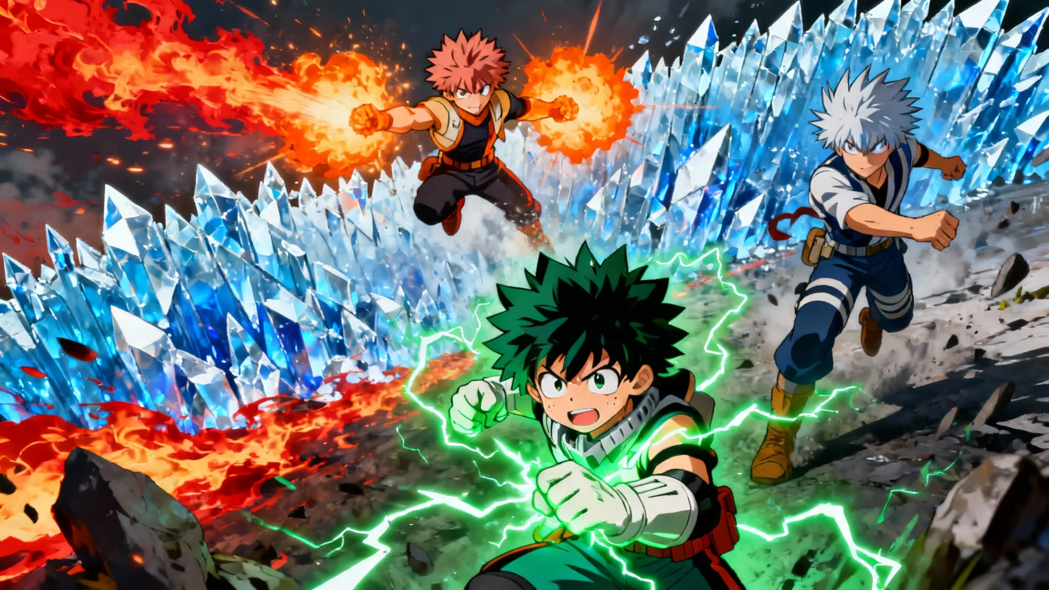 A vibrant digital illustration in the My Hero Academia anime style, showing a dynamic battle between Deku, Bakugo, and Todoroki. Deku is in the center surrounded by green energy, Bakugo uses explosions, and Todoroki uses fire and ice.