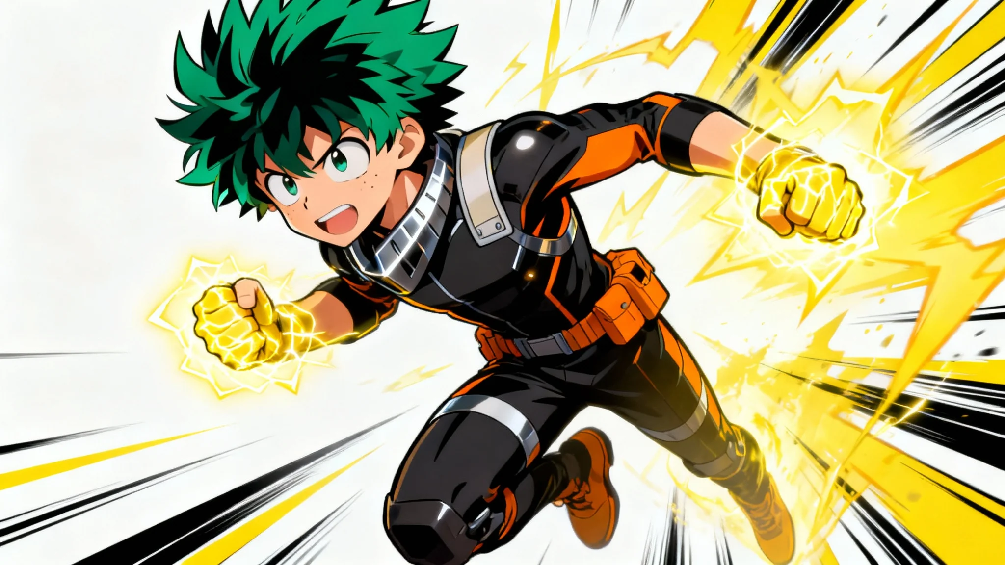 A full-body digital illustration of an anime hero in the style of My Hero Academia. The character has green hair, a black and orange costume, and is leaping forward with fists crackling with yellow energy against a white background with speed lines.