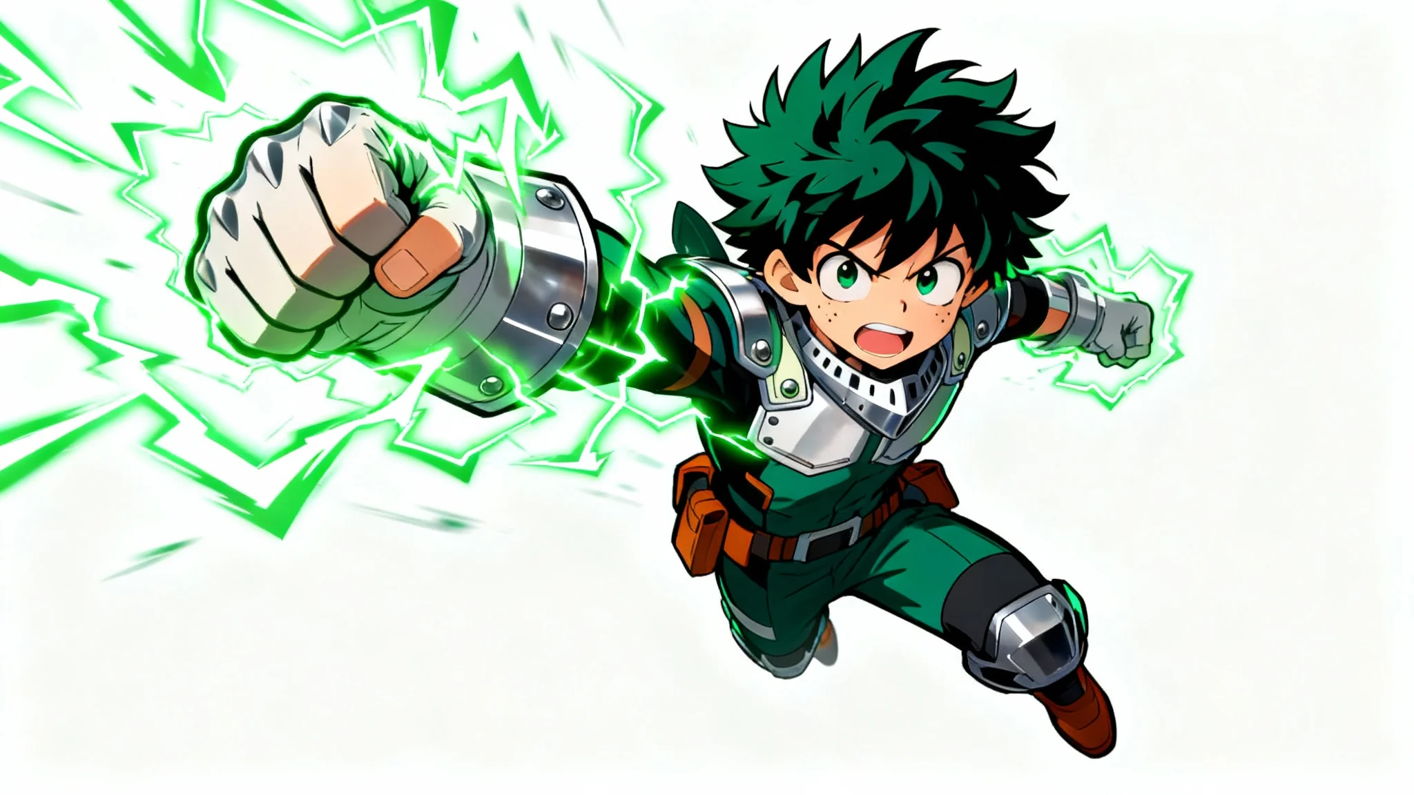 An anime-style digital illustration of Izuku Midoriya from My Hero Academia in a dynamic action pose, surrounded by green lightning energy against a plain white background.