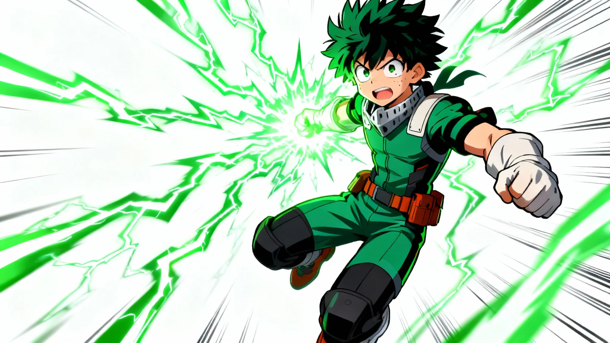 A dynamic anime-style illustration of a hero inspired by My Hero Academia, crackling with green energy as he flies through the air against a plain white background.