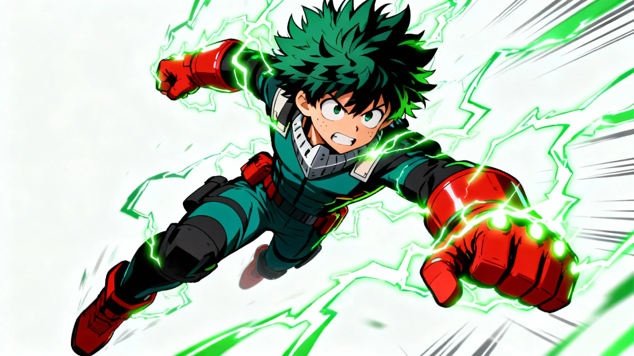 An anime character in the style of My Hero Academia, with green hair and a determined expression, leaping forward surrounded by green energy against a white background.