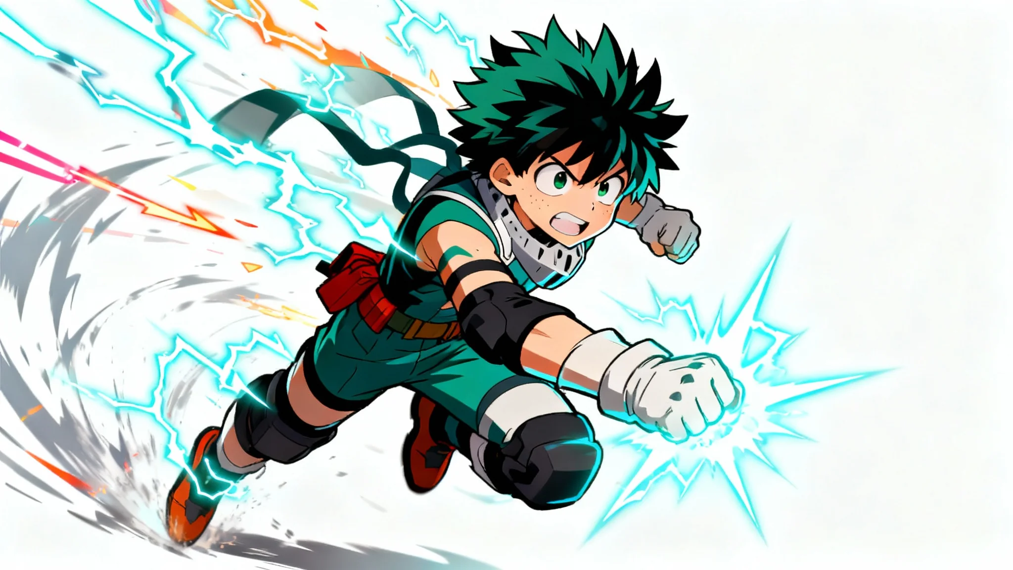 An anime-style action illustration of a character inspired by My Hero Academia, leaping forward with glowing energy effects against a plain white background.