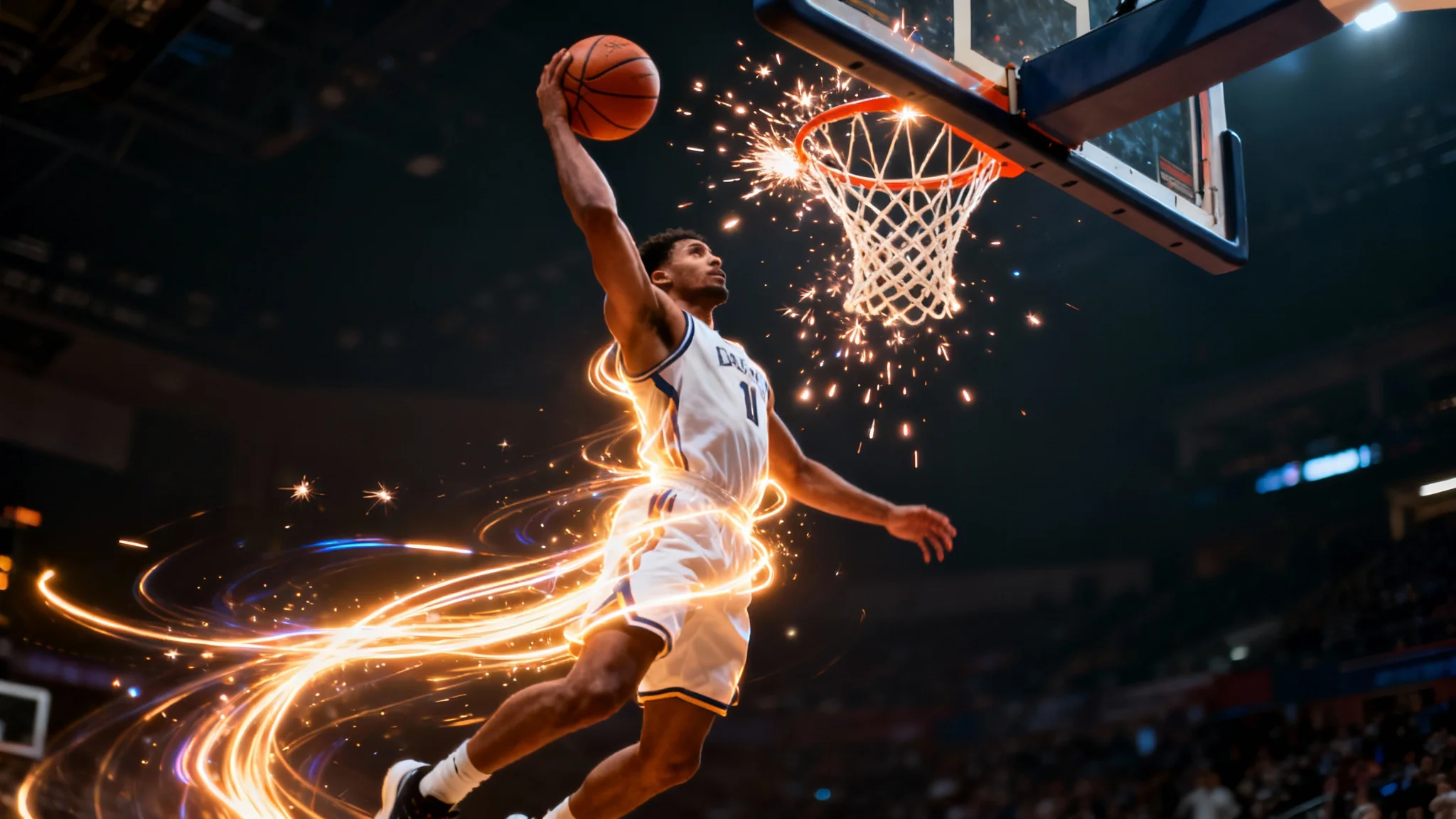 A professionally edited hero image showing a basketball player mid-dunk, with dynamic light trails and sparks added for effect.