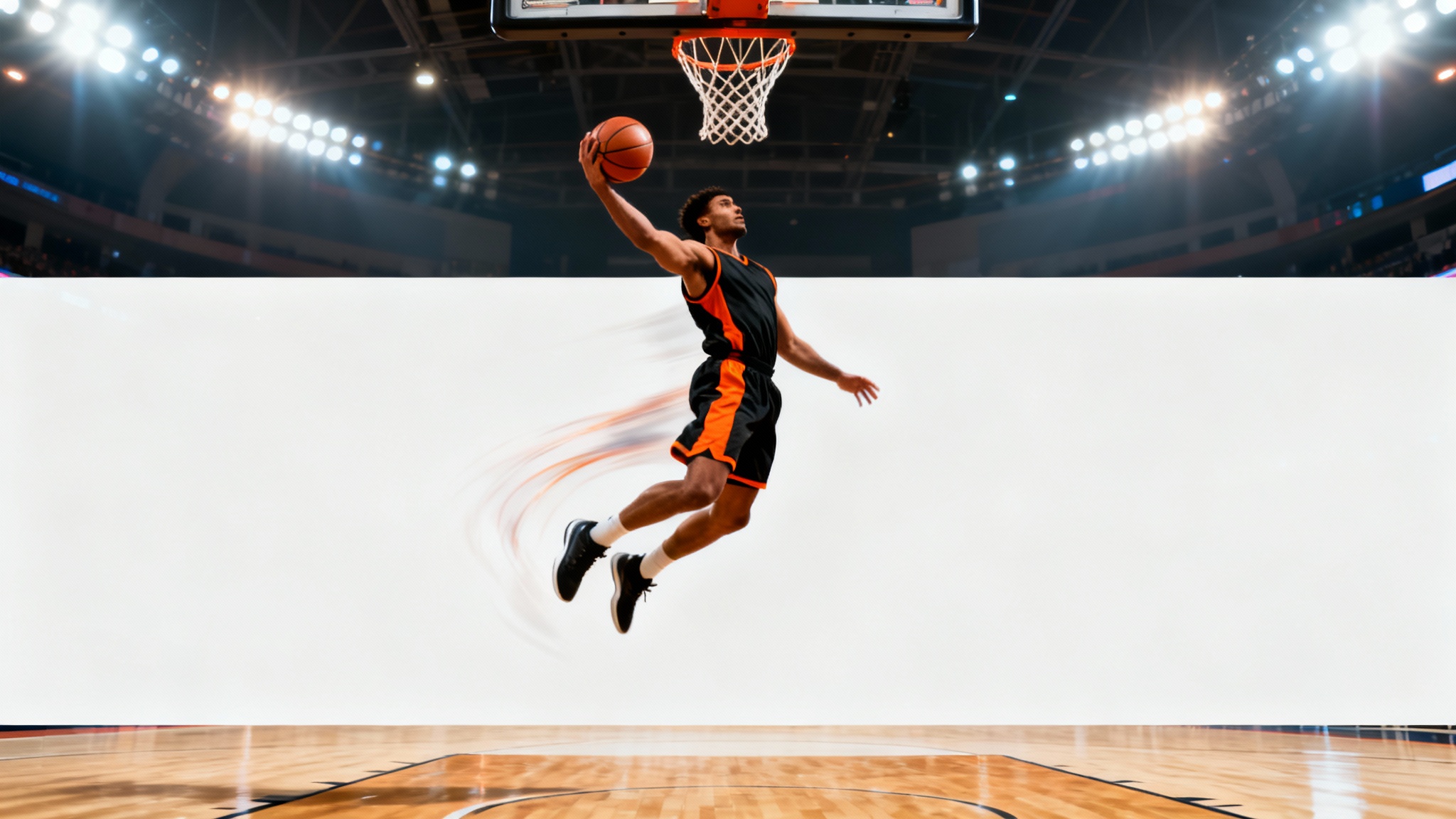 A stylized action photograph of a basketball player in a black and orange uniform captured mid-air during a powerful slam dunk on a brightly lit court.